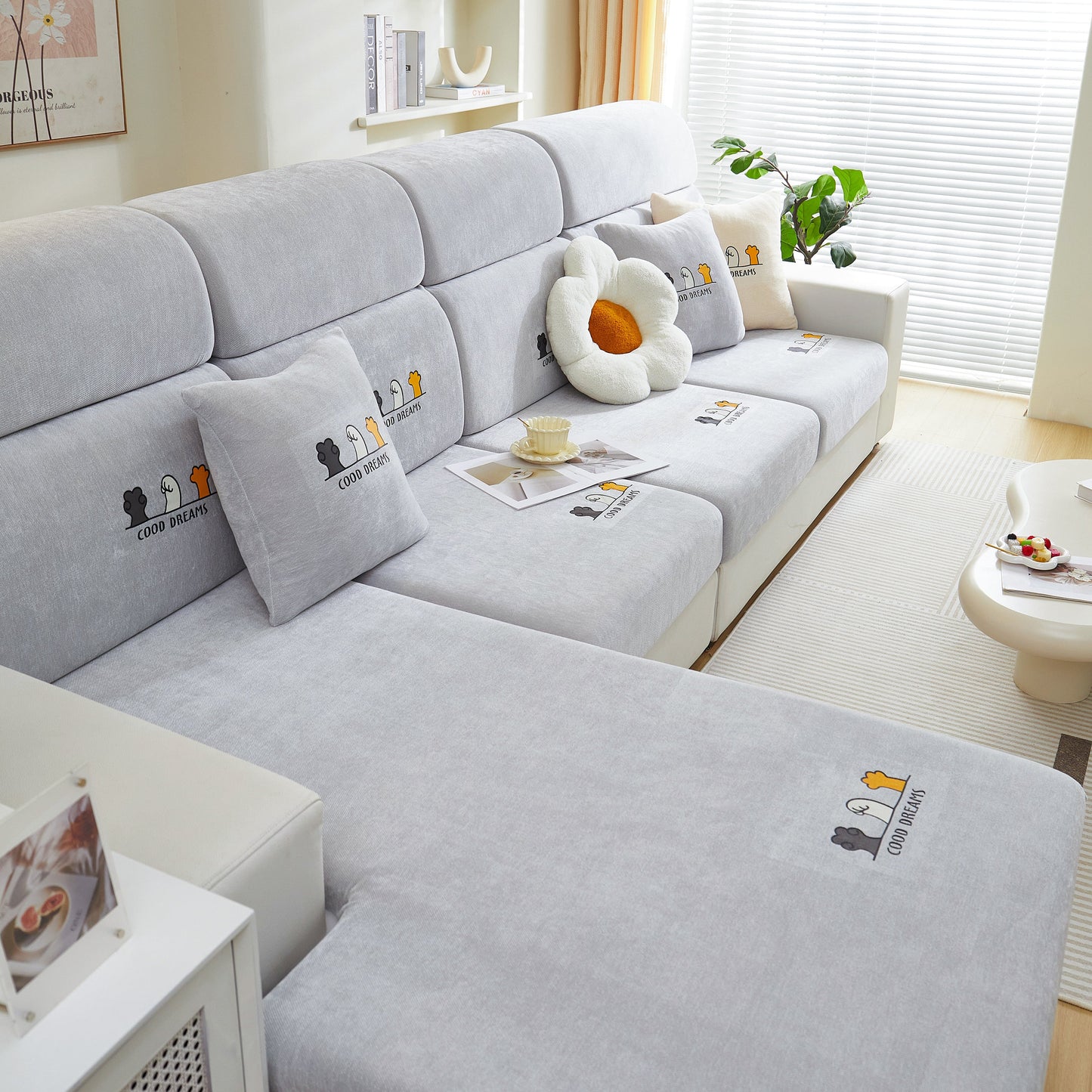 Living room with sofa featuring Super Stretch Seat Cushion/Couch Slipcover, Solid Couch Cushion Covers Washable Furniture Protector.