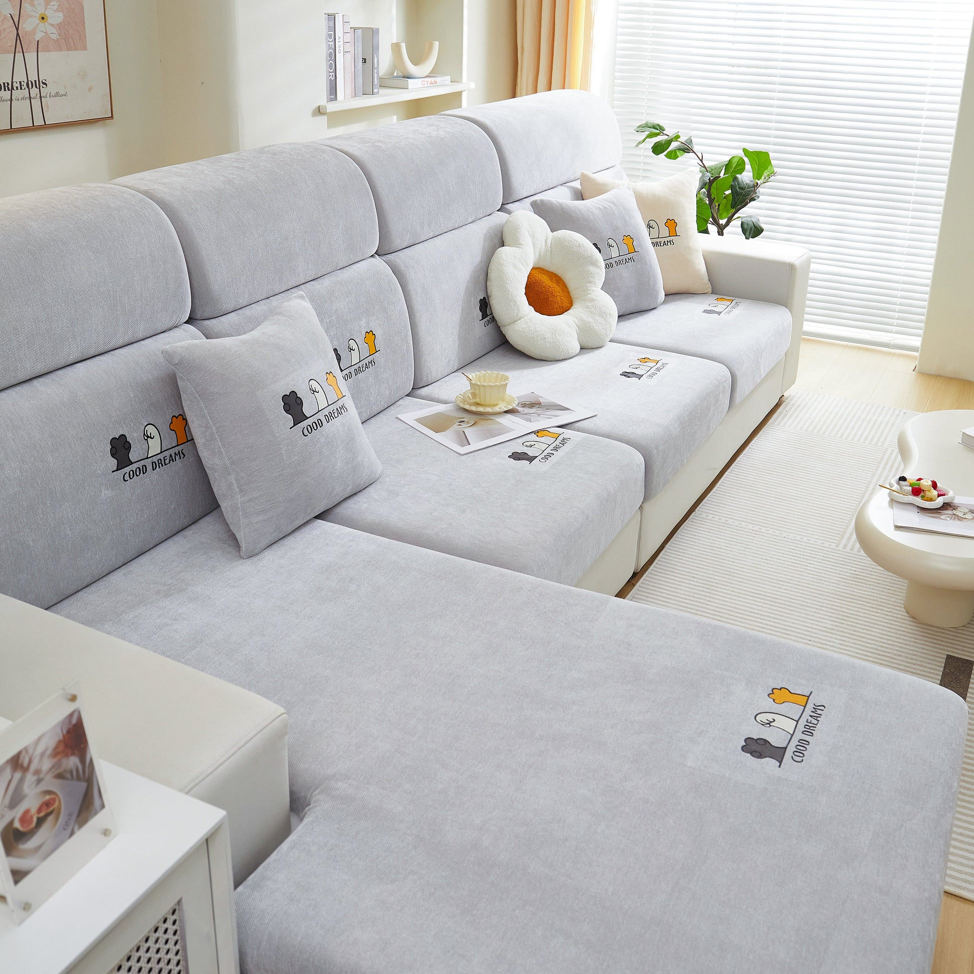 Living room with sofa featuring Super Stretch Seat Cushion/Couch Slipcover, Solid Couch Cushion Covers Washable Furniture Protector.