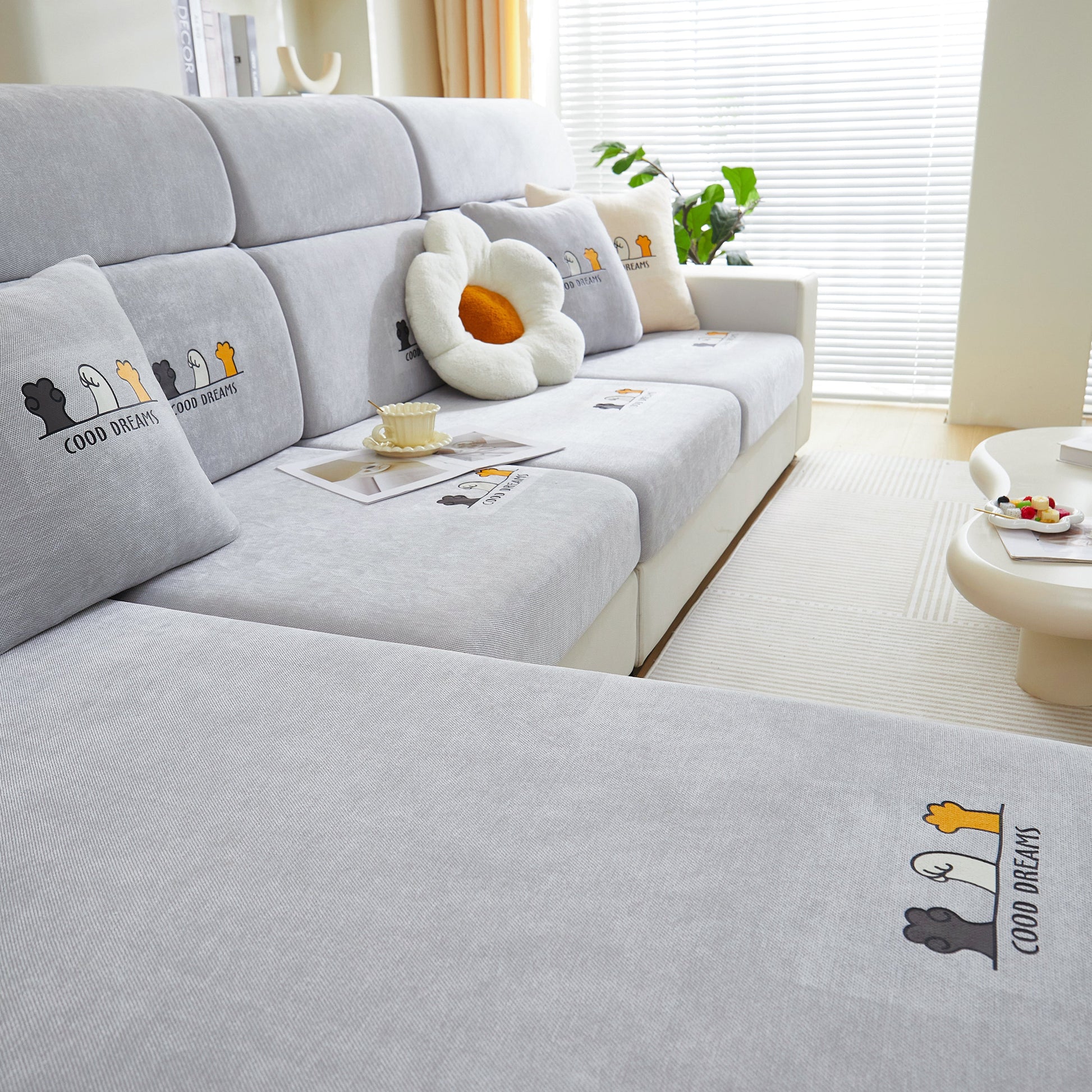Living room with grey Super Stretch Seat Cushion/Couch Slipcover, Solid Couch Cushion Covers Washable Furniture Protector on sofa