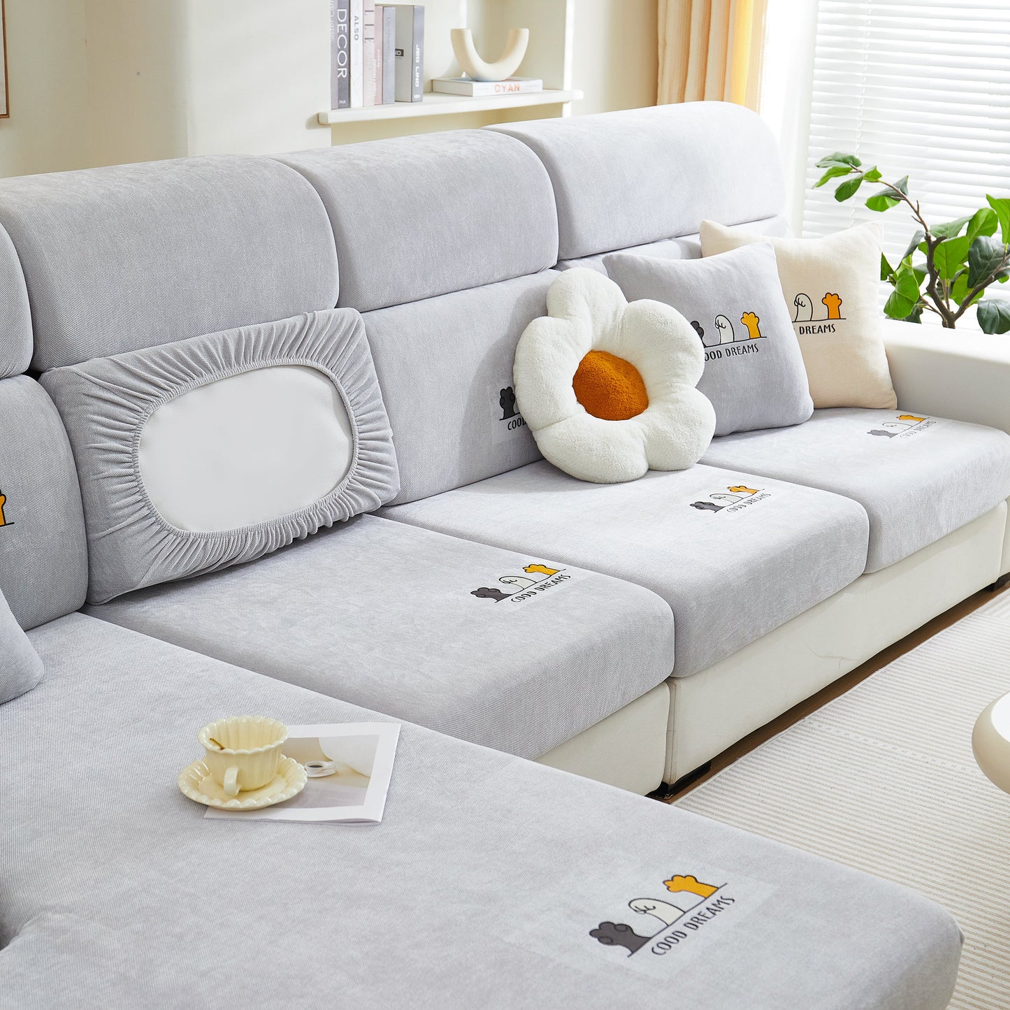 Super Stretch Seat Cushion/Couch Slipcover, Solid Couch Cushion Covers Washable Furniture Protector on a modern sofa