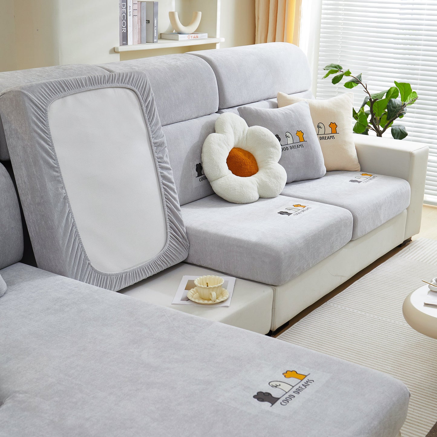 Super Stretch Seat Cushion/Couch Slipcover, Solid Couch Cushion Covers Washable Furniture Protector on gray sofa