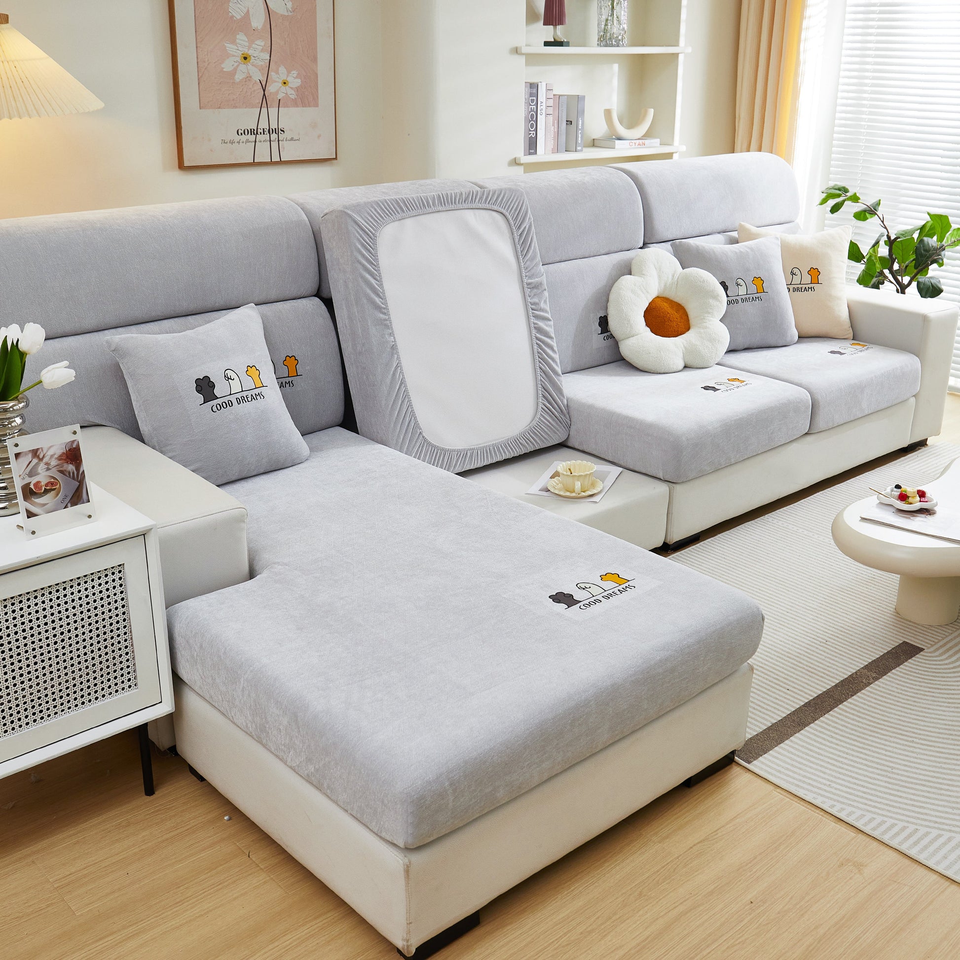 Living room with Super Stretch Seat Cushion/Couch Slipcover, Solid Couch Cushion Covers Washable Furniture Protector on sectional sofa