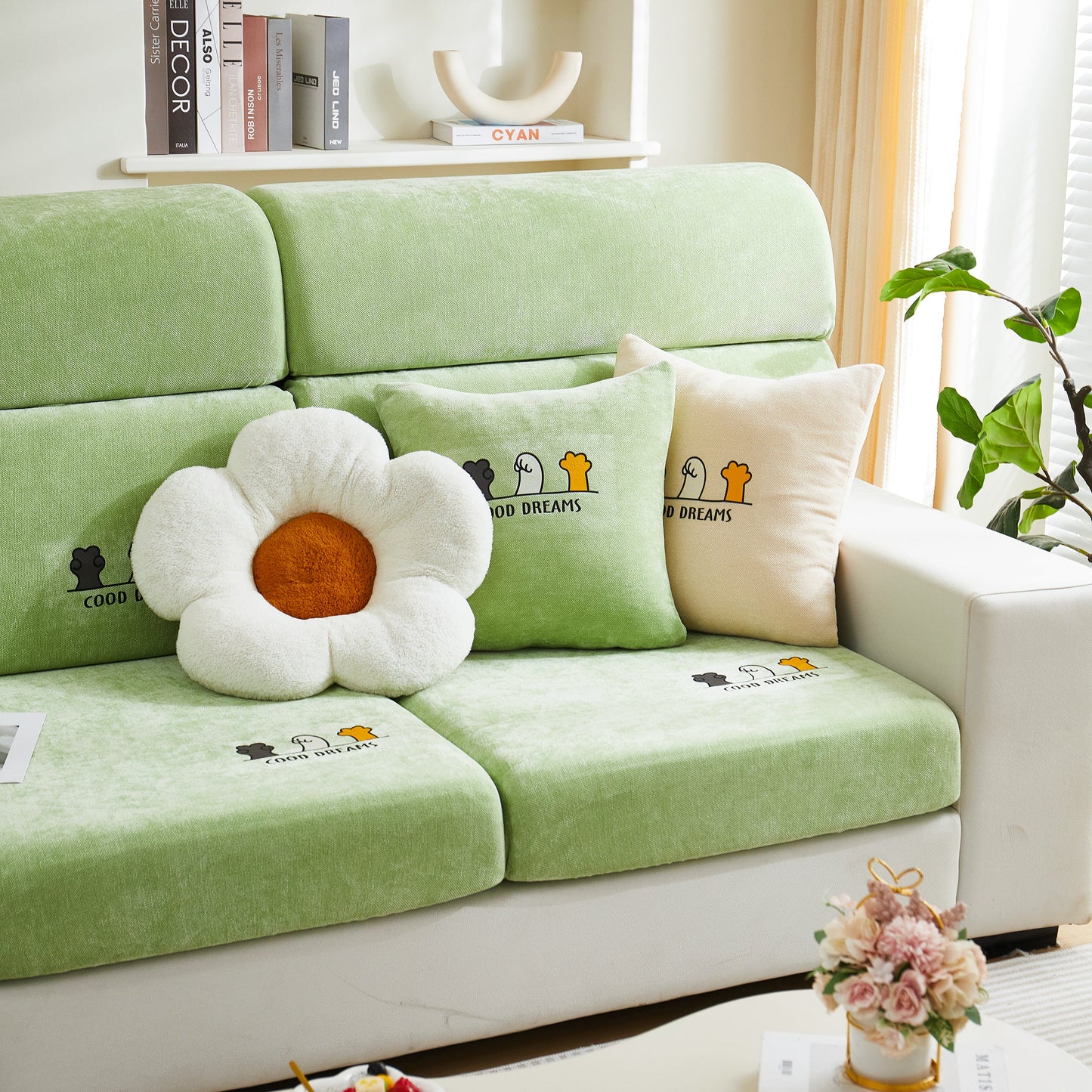 Super Stretch Seat Cushion/Couch Slipcover, Solid Couch Cushion Covers Washable Furniture Protector on green sofa