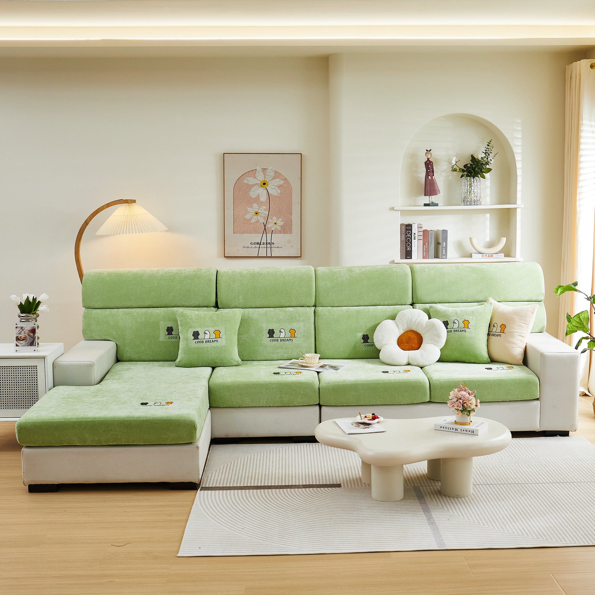 Green sofa with Super Stretch Seat Cushion/Couch Slipcover, Solid Couch Cushion Covers Washable Furniture Protector in living room.