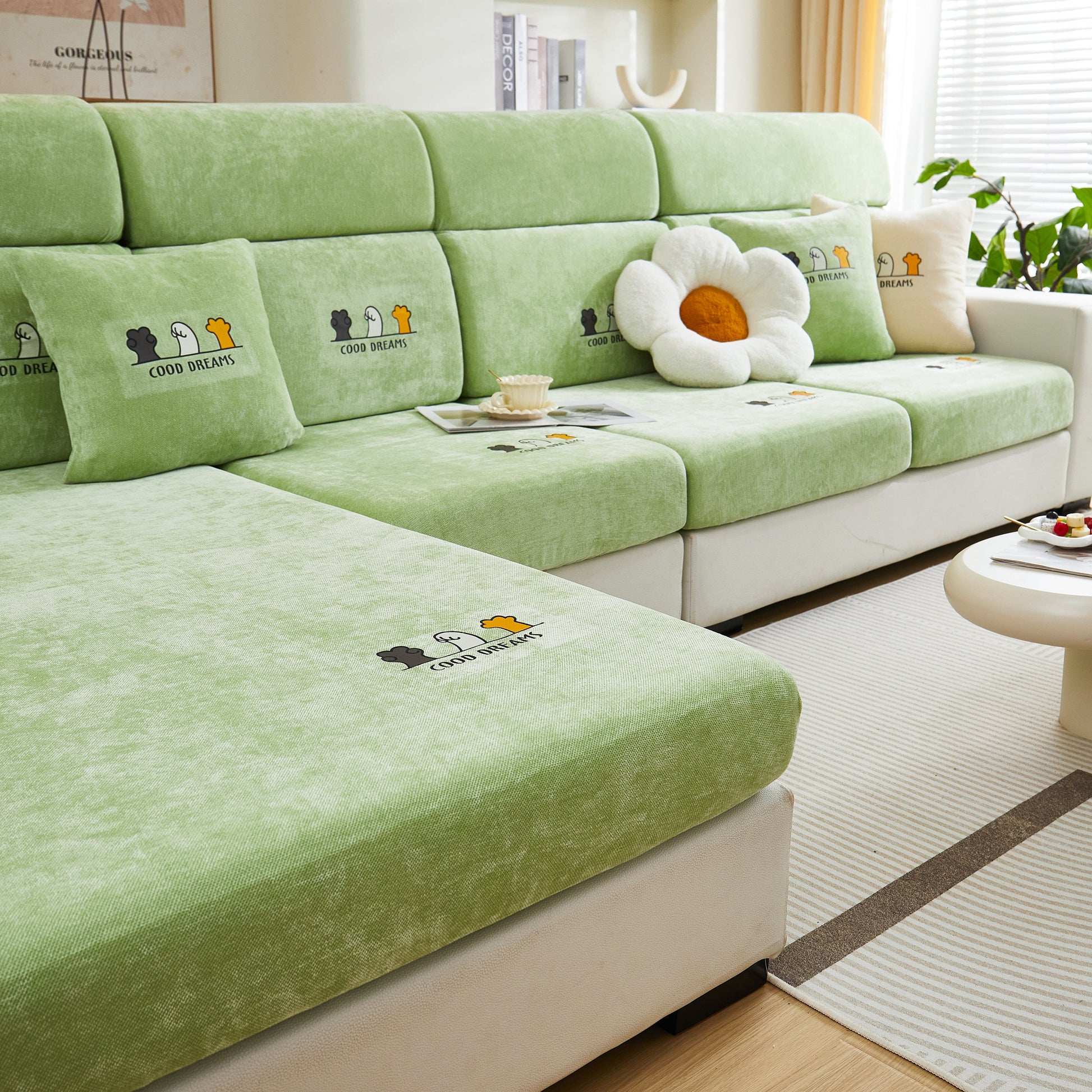 Green couch with Super Stretch Seat Cushion/Couch Slipcover, Solid Couch Cushion Covers Washable Furniture Protector