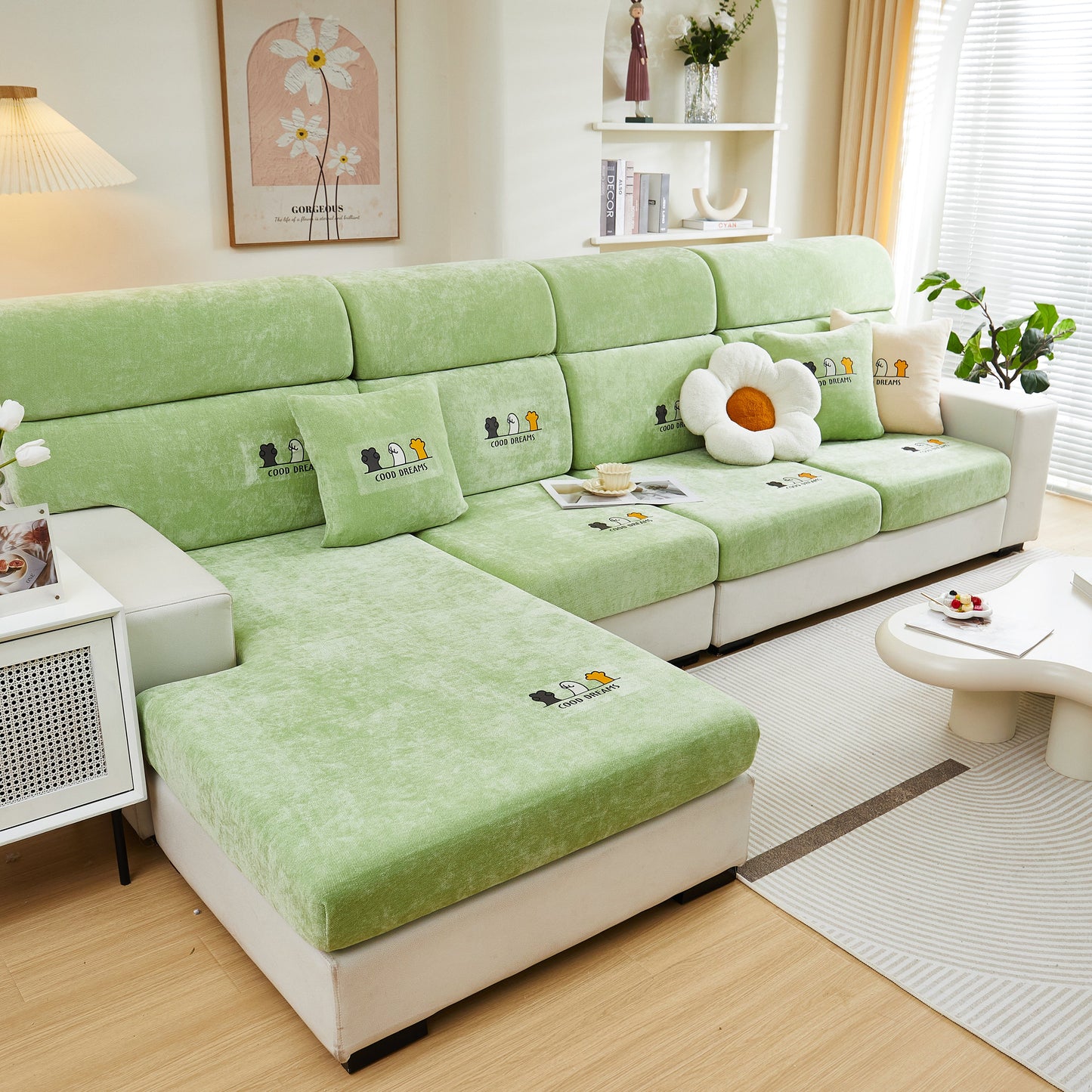 Super Stretch Seat Cushion/Couch Slipcover, Solid Couch Cushion Covers Washable Furniture Protector on a green sofa in a living room.