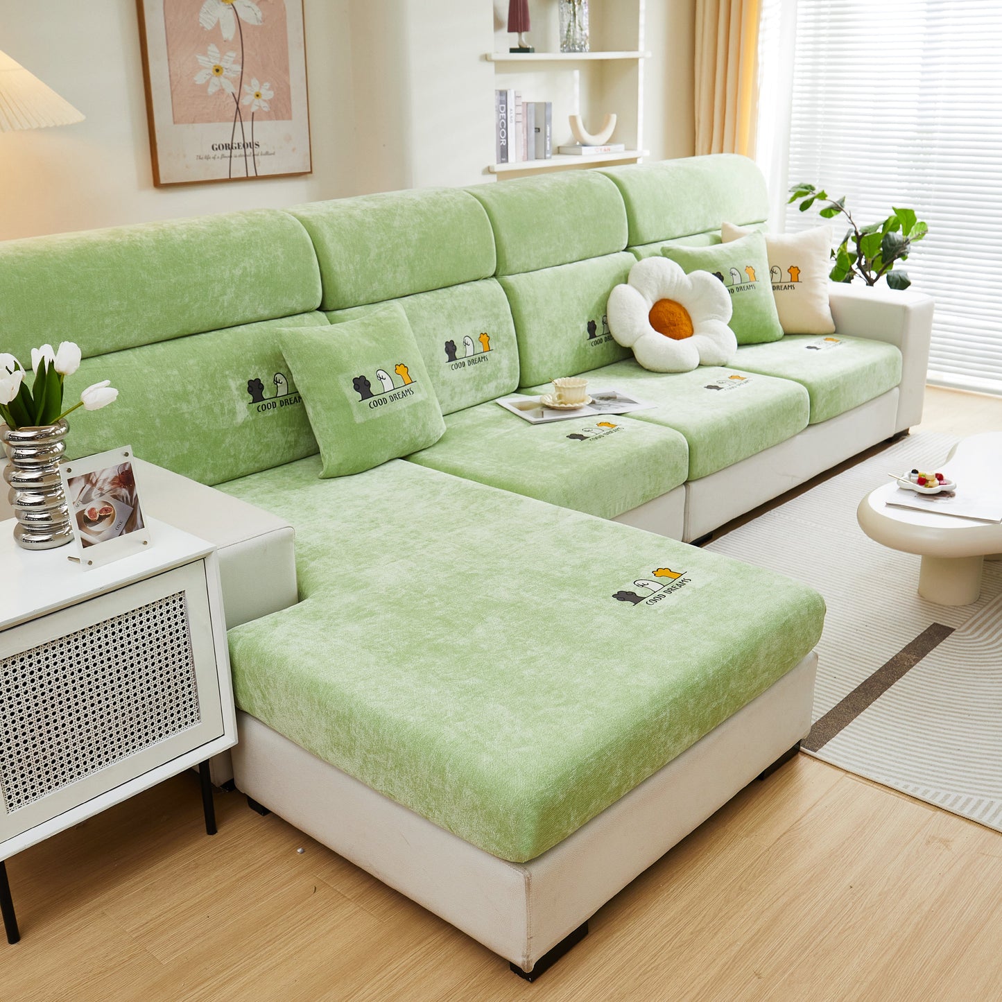 Super Stretch Seat Cushion/Couch Slipcover, Solid Couch Cushion Covers Washable Furniture Protector in green displayed on a sofa