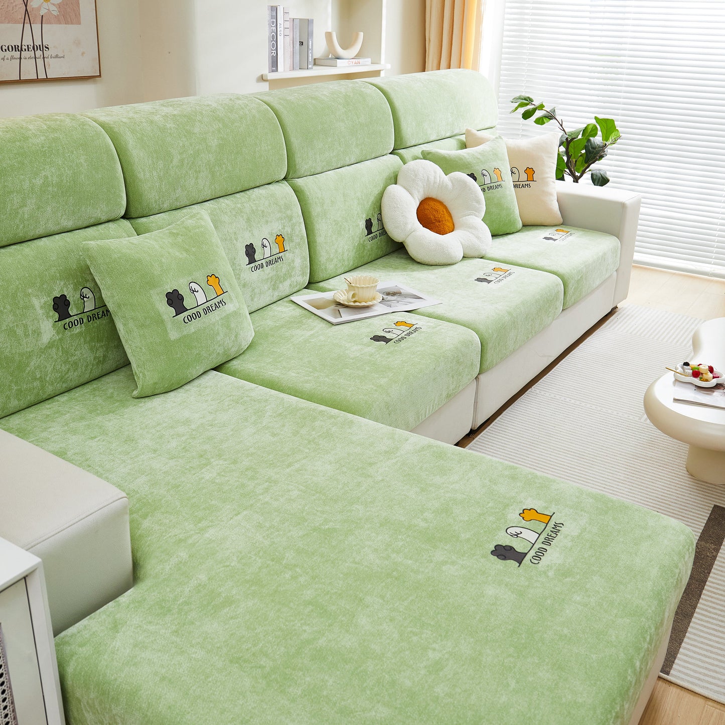 Living room with green couch featuring Super Stretch Seat Cushion/Couch Slipcover, Solid Couch Cushion Covers Washable Furniture Protector
