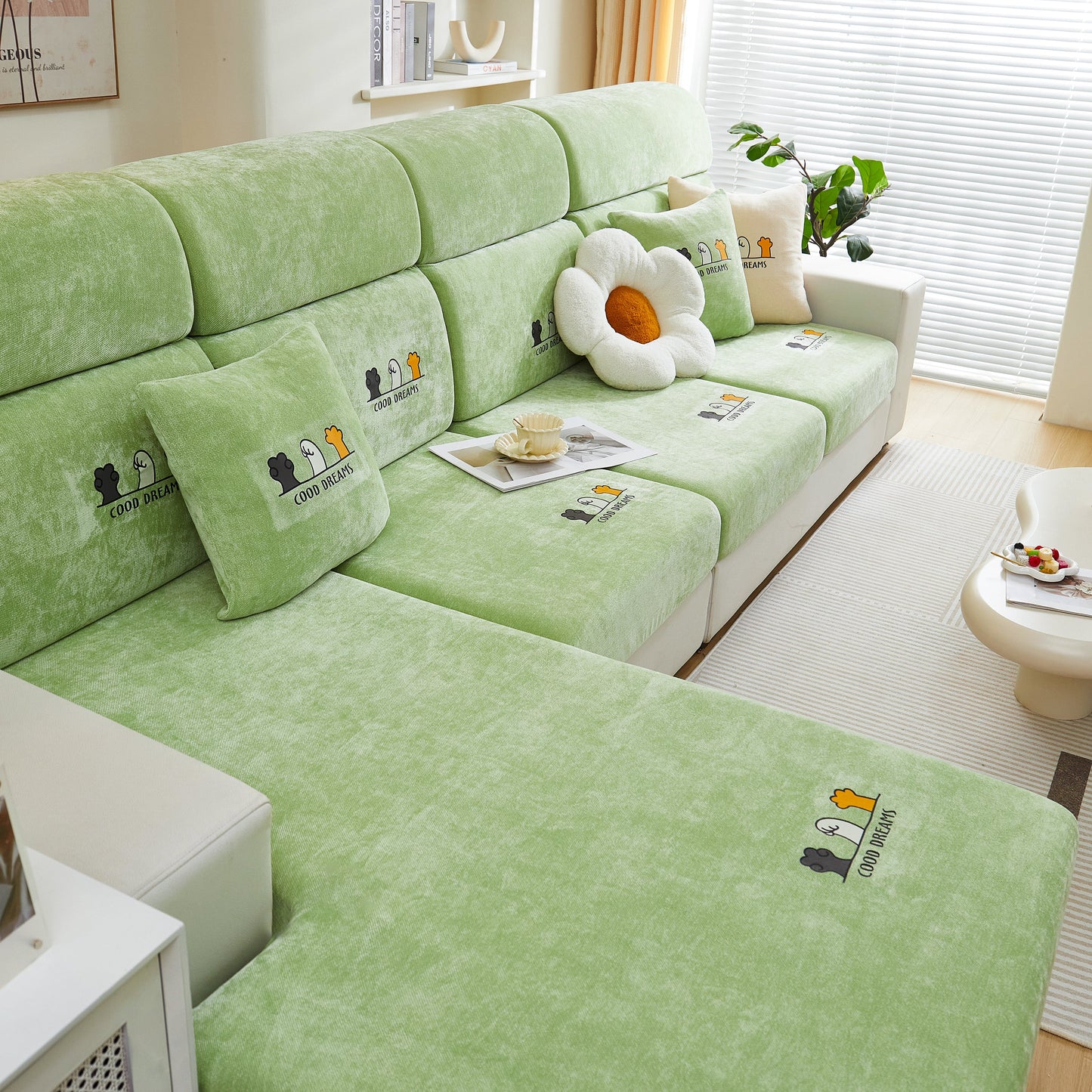 Living room with green sofa featuring Super Stretch Seat Cushion/Couch Slipcover, Solid Couch Cushion Covers Washable Furniture Protector