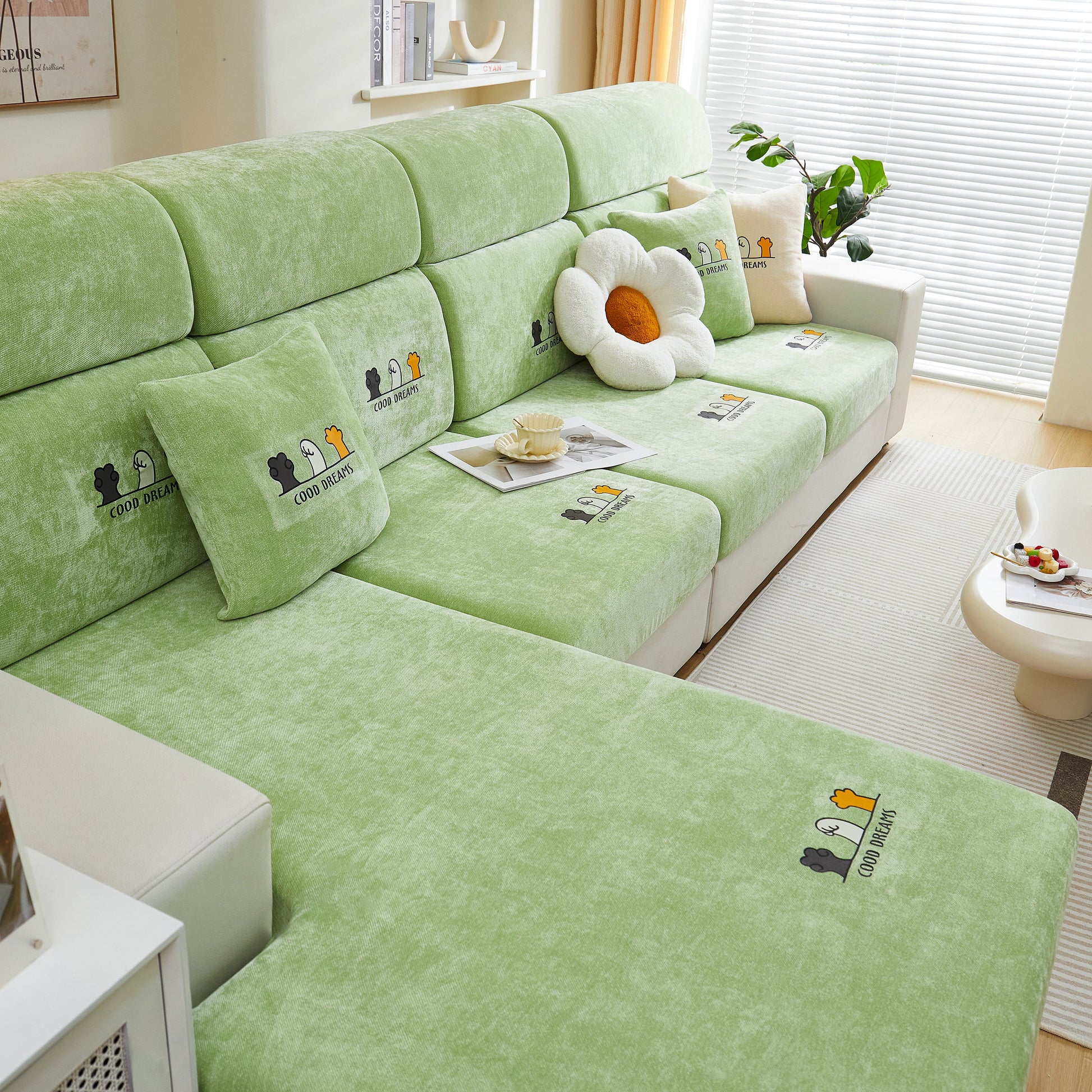Living room with green sofa featuring Super Stretch Seat Cushion/Couch Slipcover, Solid Couch Cushion Covers Washable Furniture Protector