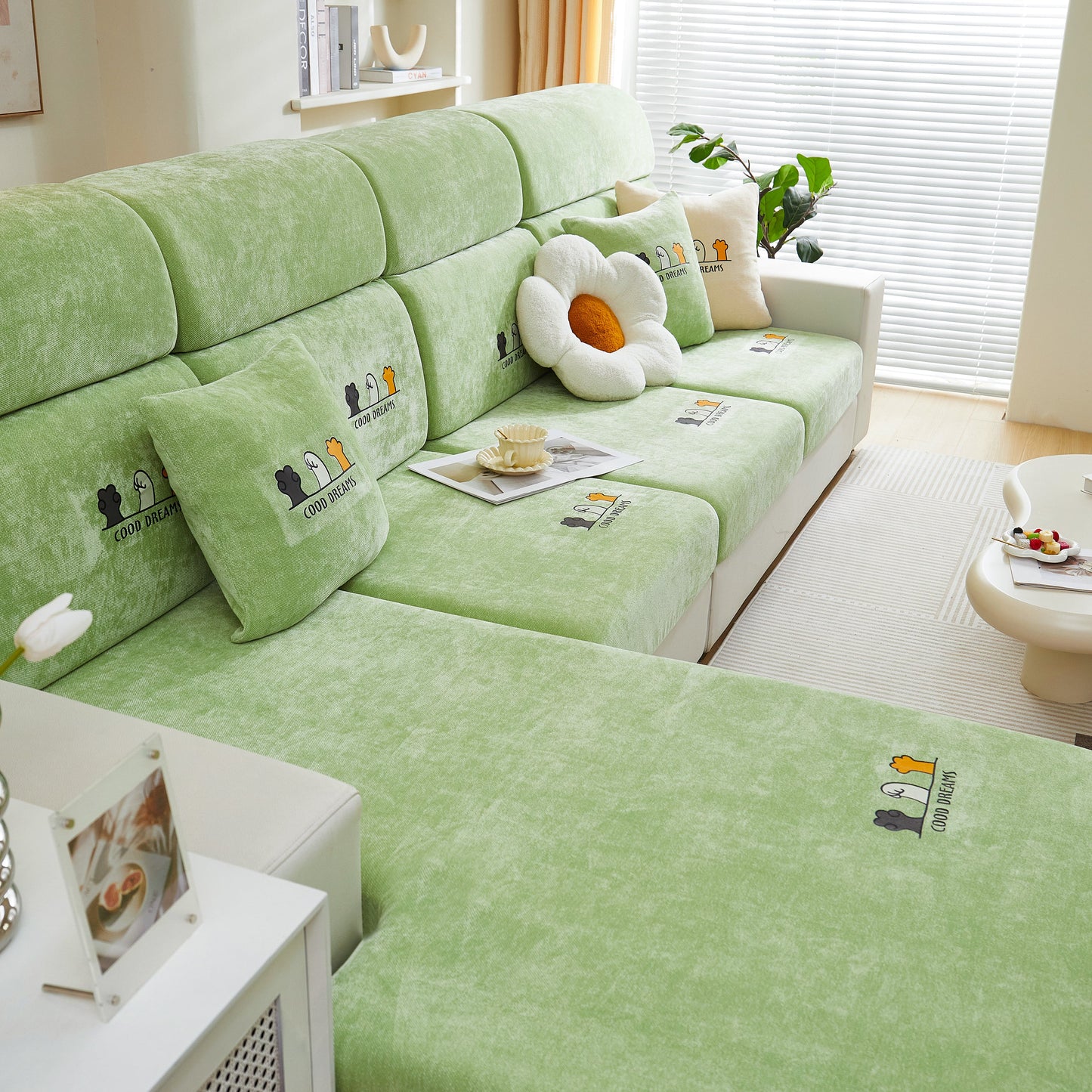 Super Stretch Seat Cushion/Couch Slipcover, Solid Couch Cushion Covers Washable Furniture Protector on green sofa