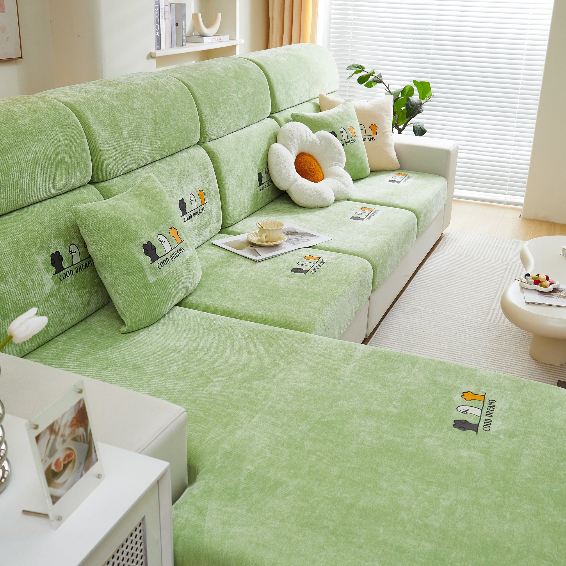 Super Stretch Seat Cushion/Couch Slipcover, Solid Couch Cushion Covers Washable Furniture Protector on green sofa
