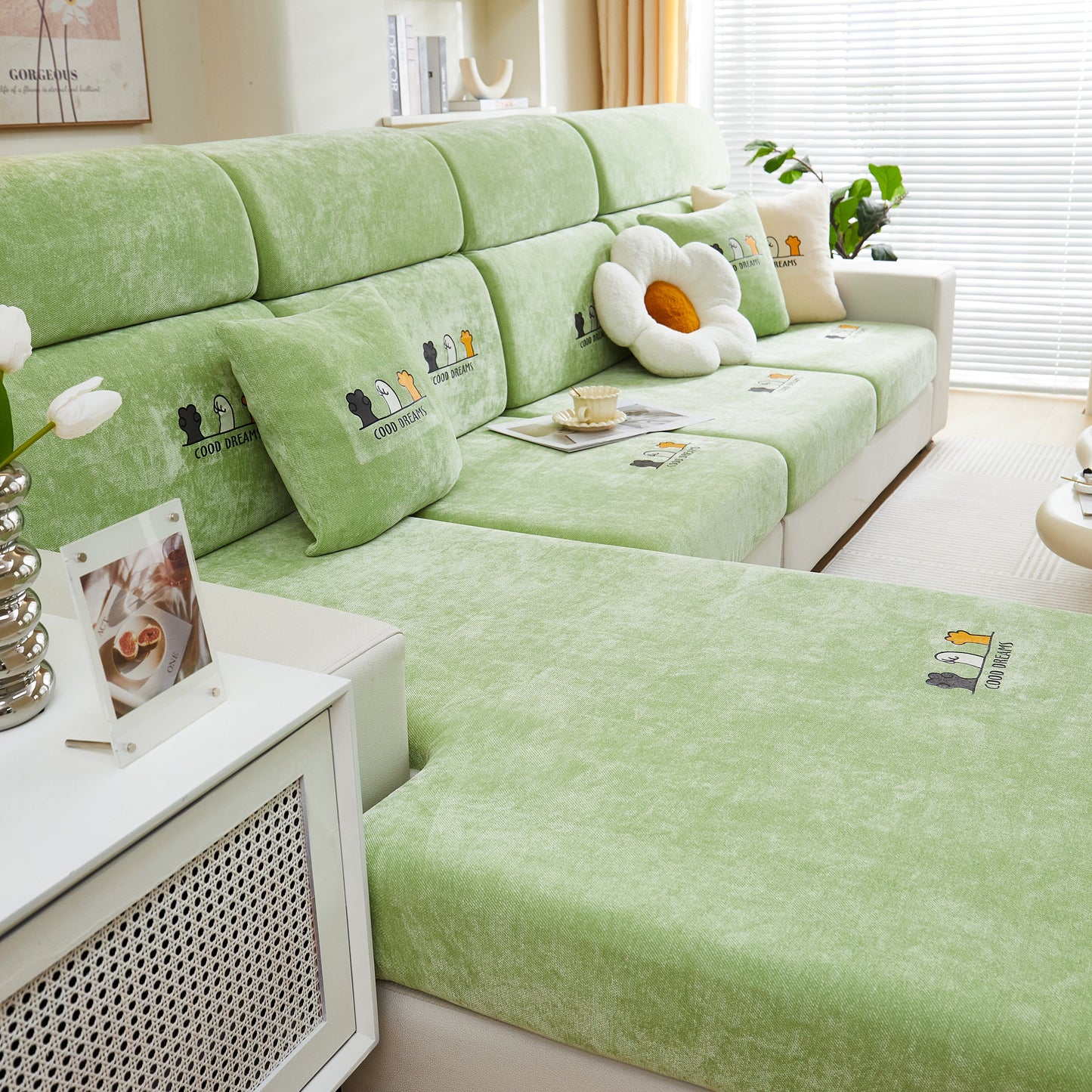 Super Stretch Seat Cushion/Couch Slipcover, Solid Couch Cushion Covers Washable Furniture Protector on green sofa