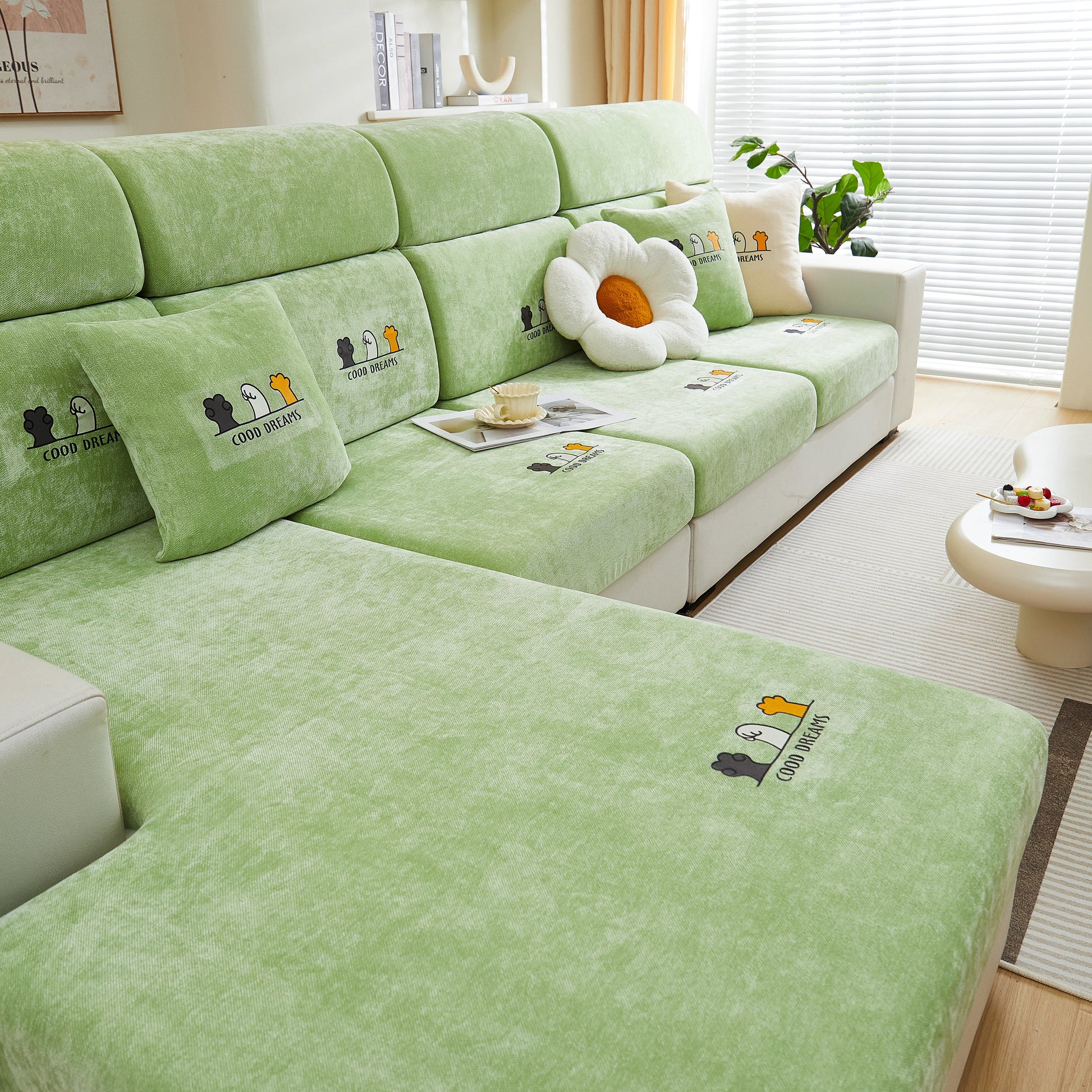 Super Stretch Seat Cushion/Couch Slipcover, Solid Couch Cushion Covers Washable Furniture Protector on a green sofa