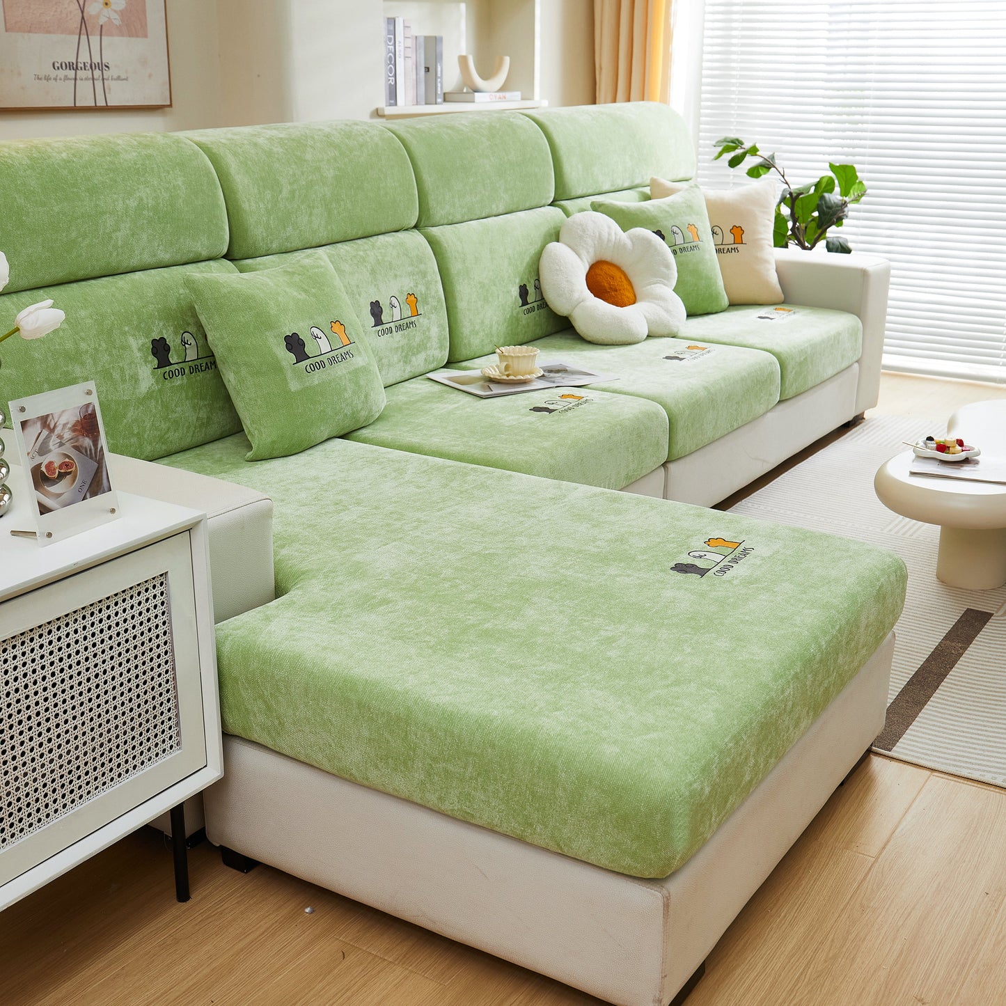 Super Stretch Seat Cushion/Couch Slipcover, Solid Couch Cushion Covers Washable Furniture Protector in green on a sofa