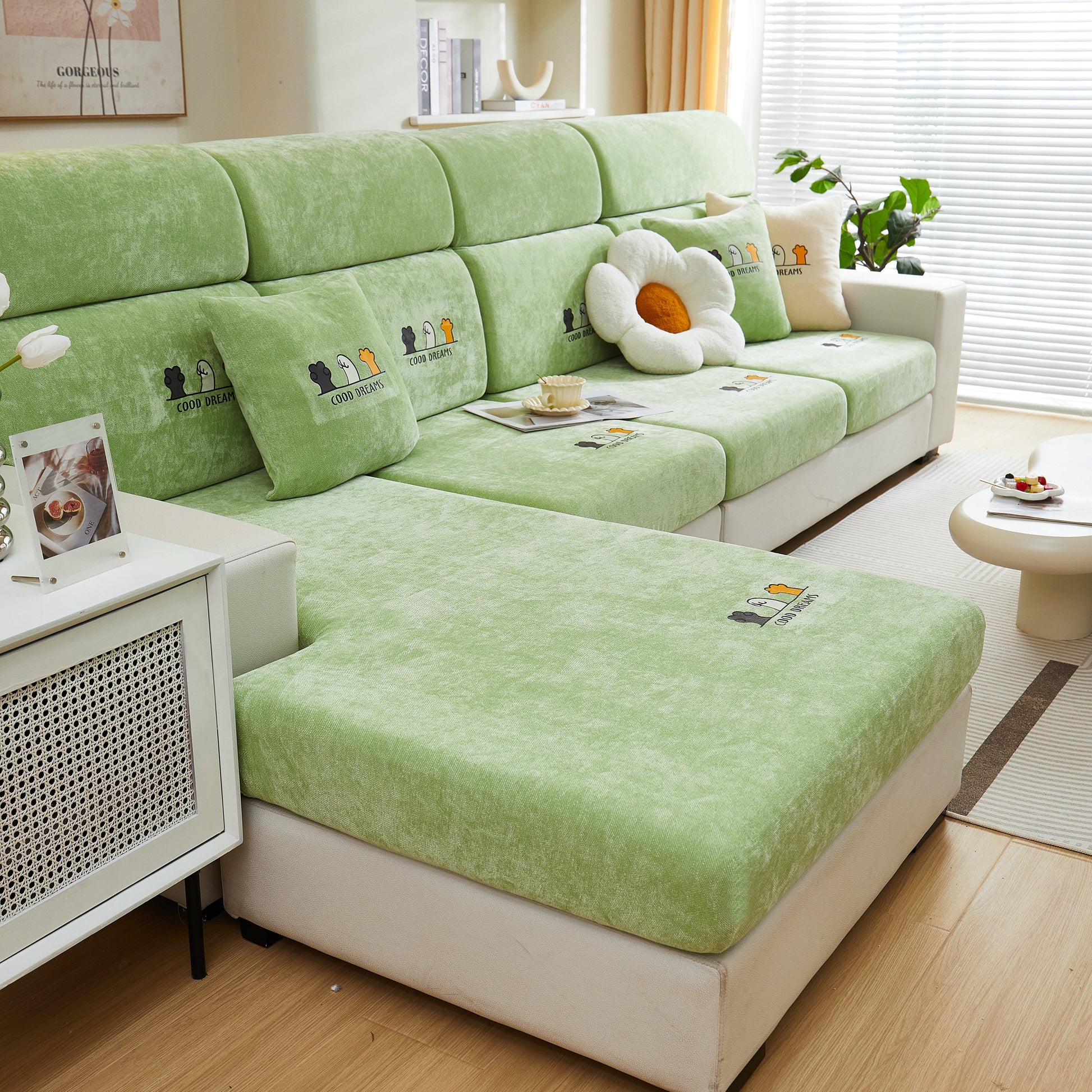 Super Stretch Seat Cushion/Couch Slipcover, Solid Couch Cushion Covers Washable Furniture Protector in green on a sofa