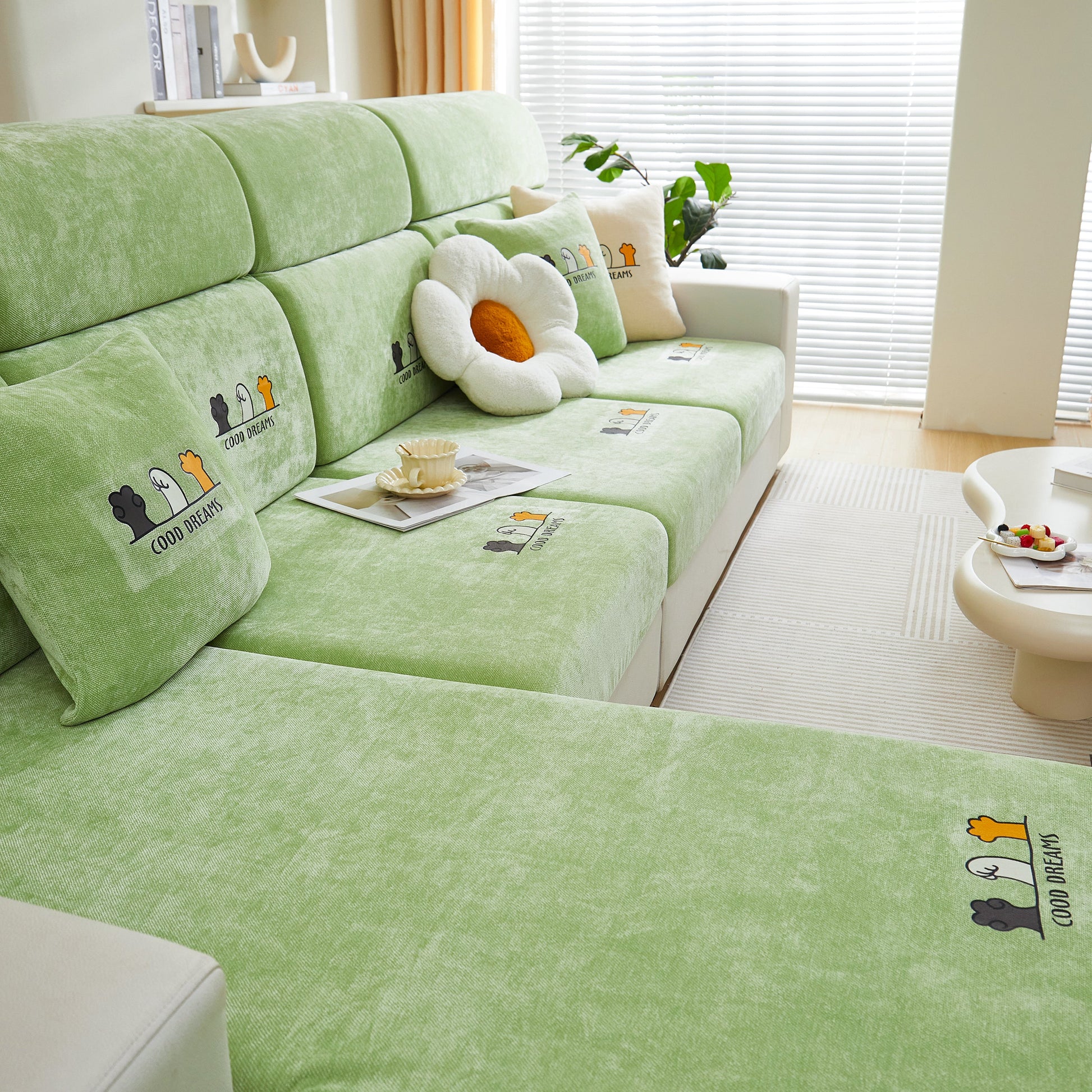 Green Super Stretch Seat Cushion/Couch Slipcover, Solid Couch Cushion Covers Washable Furniture Protector on sofa