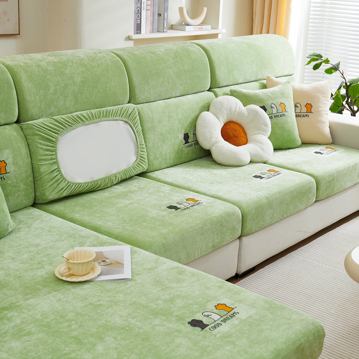 Super Stretch Seat Cushion/Couch Slipcover on green couch, Solid Couch Cushion Covers Washable Furniture Protector with floral pillow