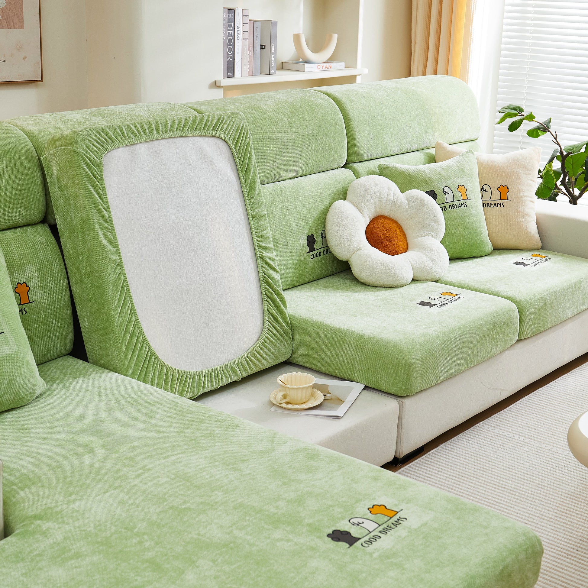 Super Stretch Seat Cushion/Couch Slipcover, Solid Couch Cushion Covers Washable Furniture Protector in green on sofa.