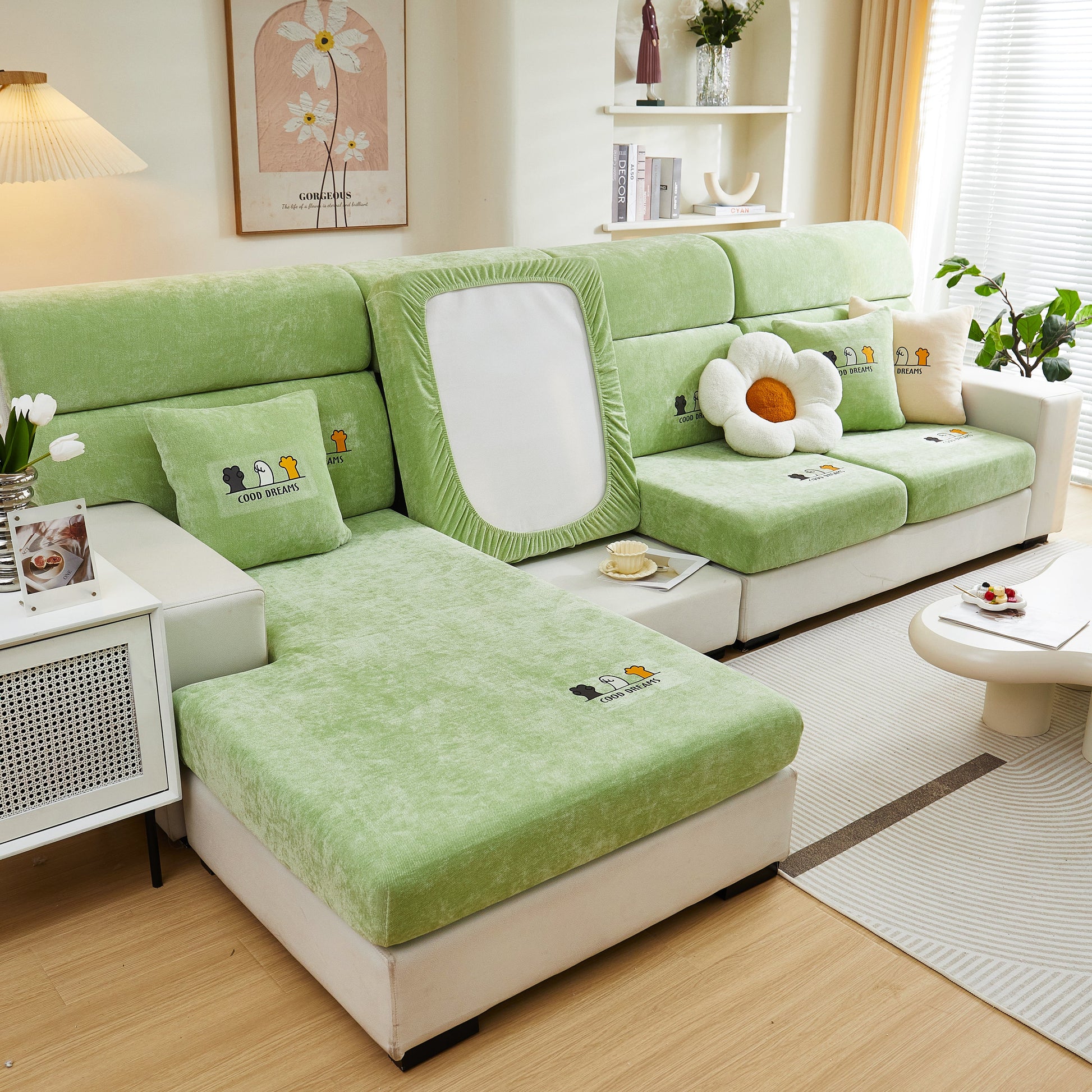 Super Stretch Seat Cushion/Couch Slipcover, Solid Couch Cushion Covers Washable Furniture Protector in living room setup