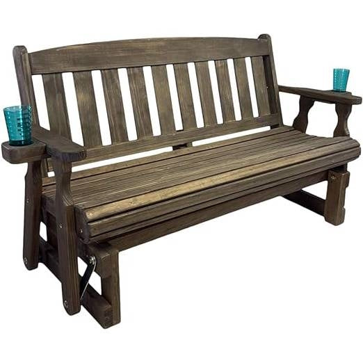 4ft Heavy Duty Porch Glider Bench with Cupholders in Dark Walnut - Made in USA, handcrafted from pressure treated pine, mission style