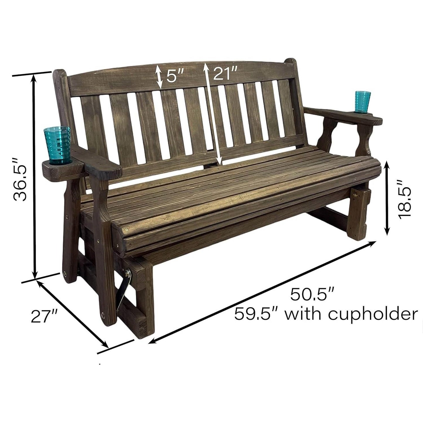 4ft Heavy Duty Porch Glider Bench with Cupholders in Dark Walnut - Made in USA, wooden design with dimensions labeled.