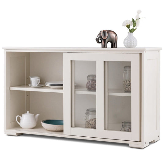 Modern White Wood Buffet Sideboard Cabinet with Glass Sliding Door for kitchen storage and display