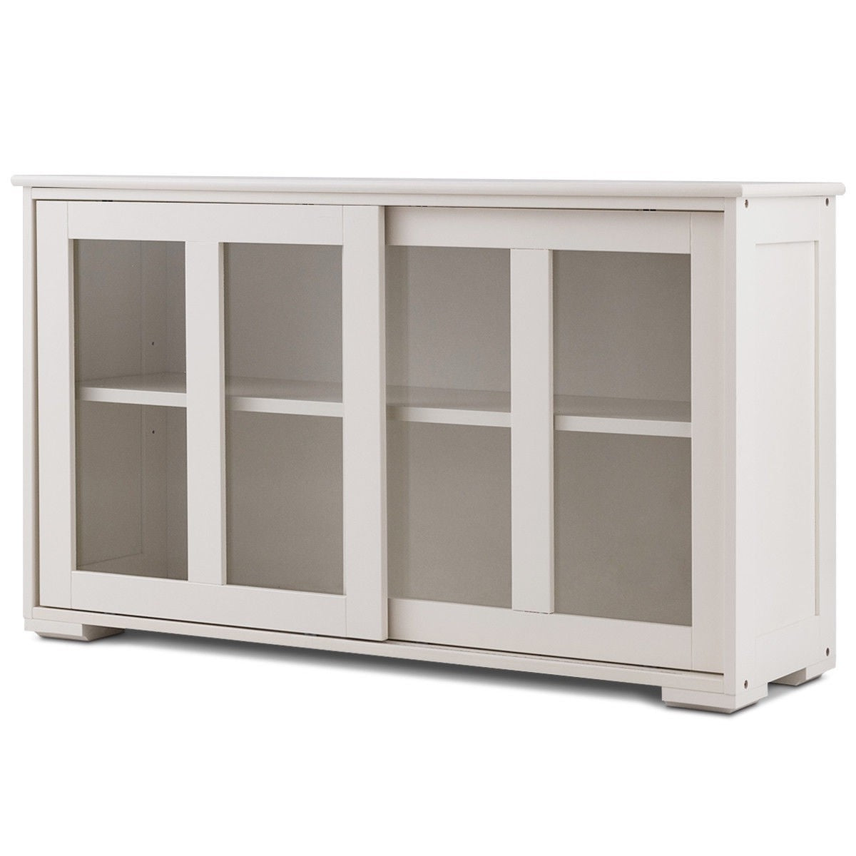 Modern White Wood Buffet Sideboard Cabinet with Glass Sliding Door in kitchen or dining room setting