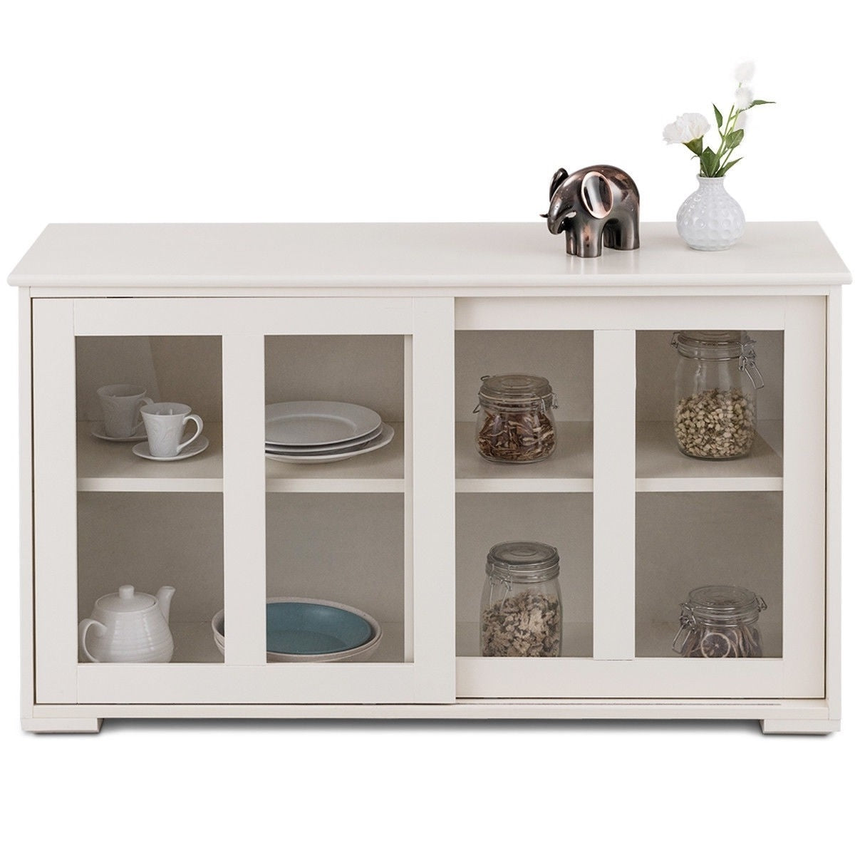 Modern White Wood Buffet Sideboard Cabinet with Glass Sliding Door showcasing elegant storage solution.