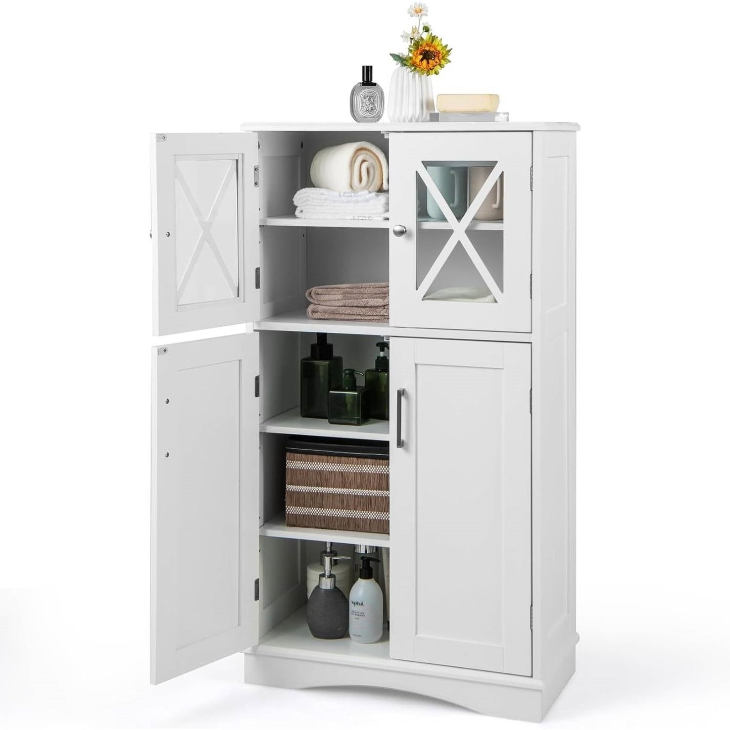 White Bathroom Towel Linen Cabinet with Glass Doors and Storage Shelves, featuring three adjustable levels, showcasing ample storage space.