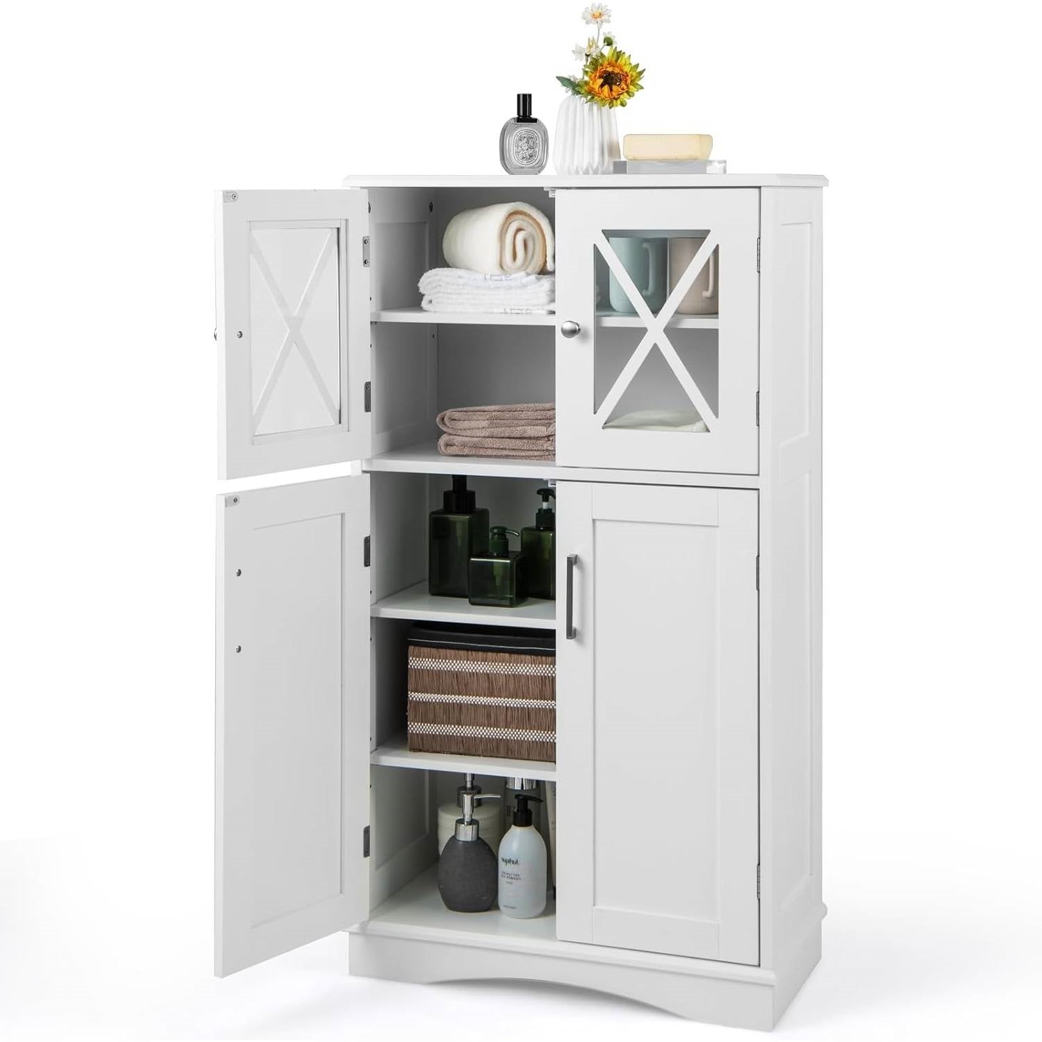 White Bathroom Towel Linen Cabinet with Glass Doors and Storage Shelves, featuring three adjustable levels, showcasing ample storage space.