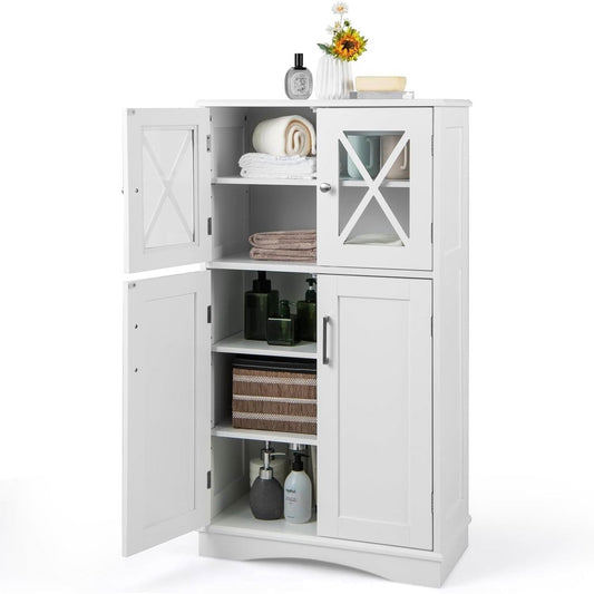 White Bathroom Towel Linen Cabinet with Glass Doors and Storage Shelves, featuring three adjustable levels, showcasing ample storage space.