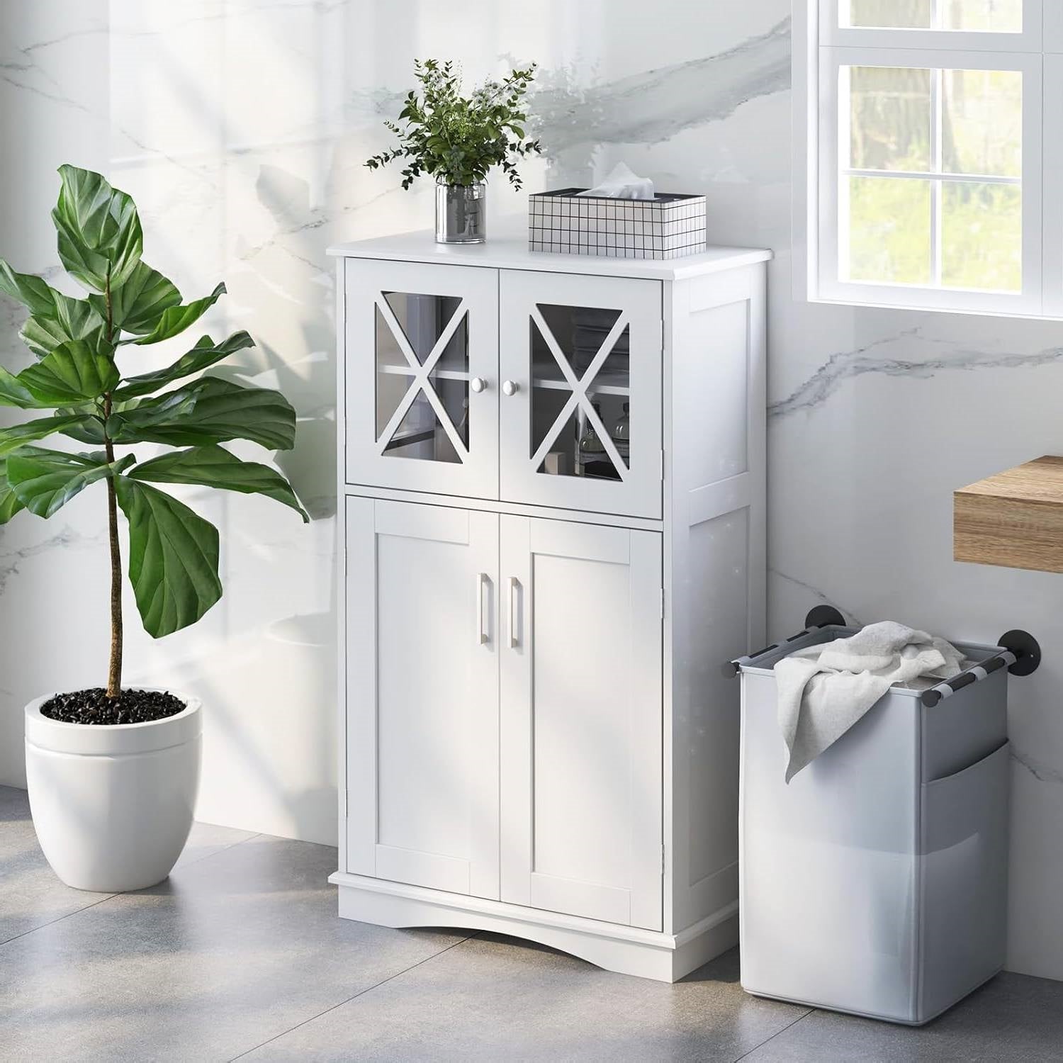 White Bathroom Towel Linen Cabinet with Glass Doors and Storage Shelves in modern bathroom setting