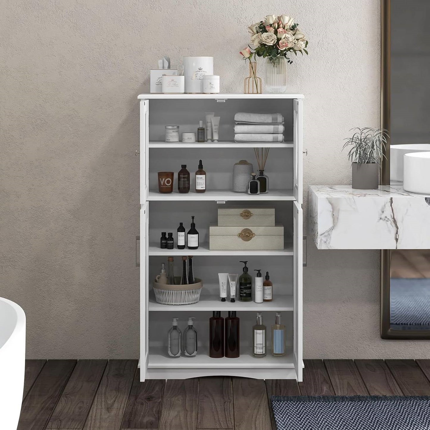 White Bathroom Towel Linen Cabinet with Glass Doors and Storage Shelves with toiletries and decor items