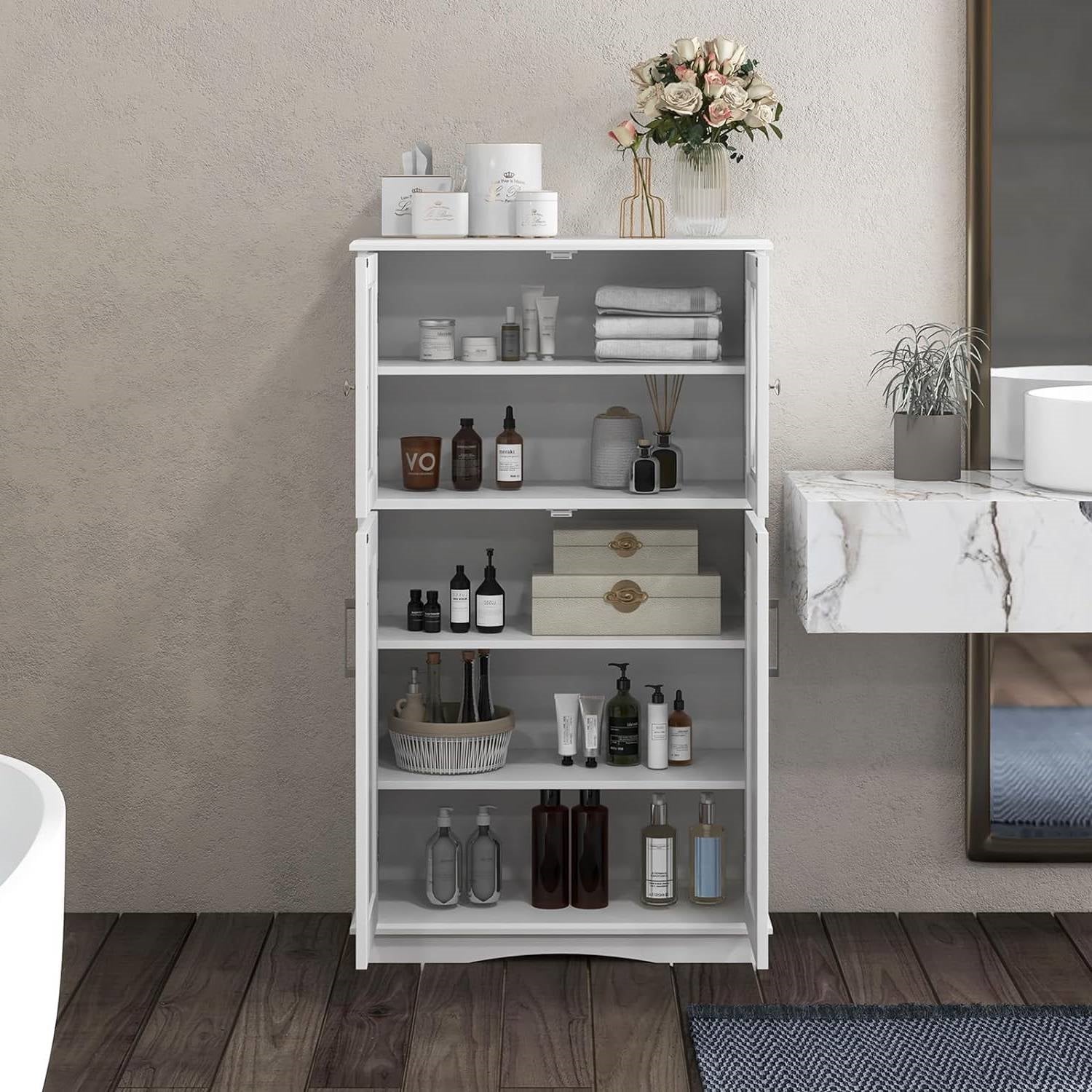 White Bathroom Towel Linen Cabinet with Glass Doors and Storage Shelves with toiletries and decor items