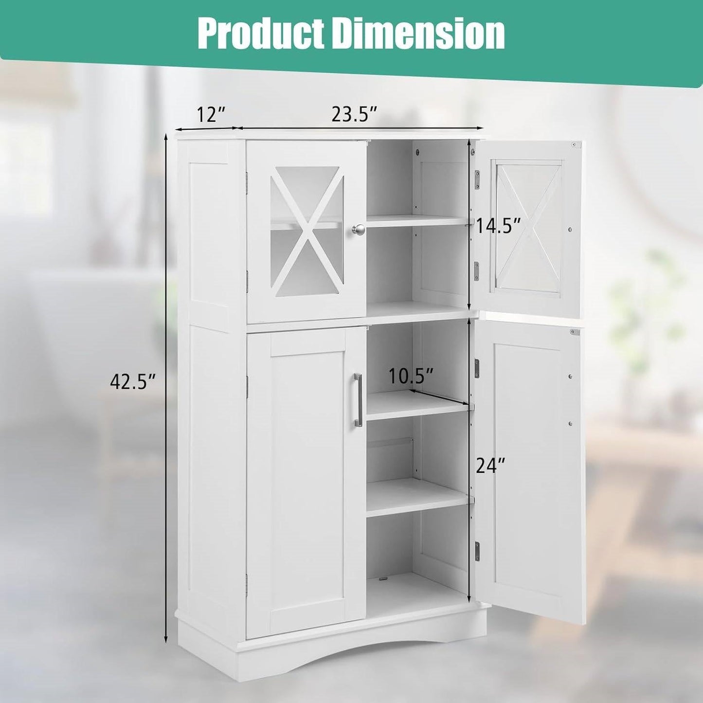 White Bathroom Towel Linen Cabinet with Glass Doors and Storage Shelves dimensions