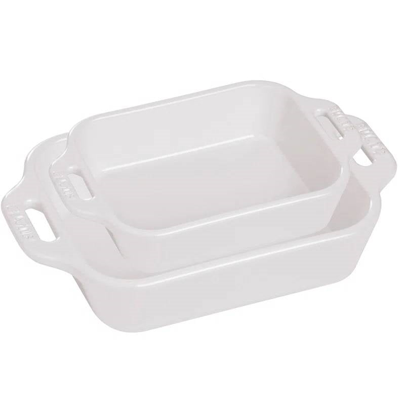 2 Piece Ceramic Stoneware Bakeware Casserole Dish Set in White with rectangular enameled non-stick design