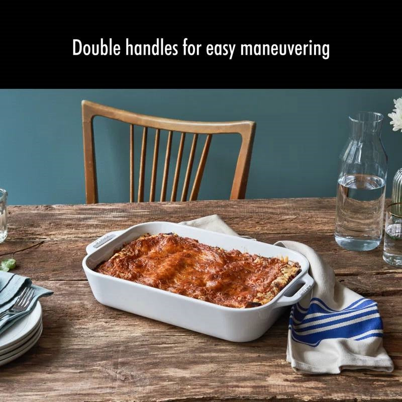 2 Piece Ceramic Stoneware Bakeware Casserole Dish Set in White on table with lasagna, showing double handles