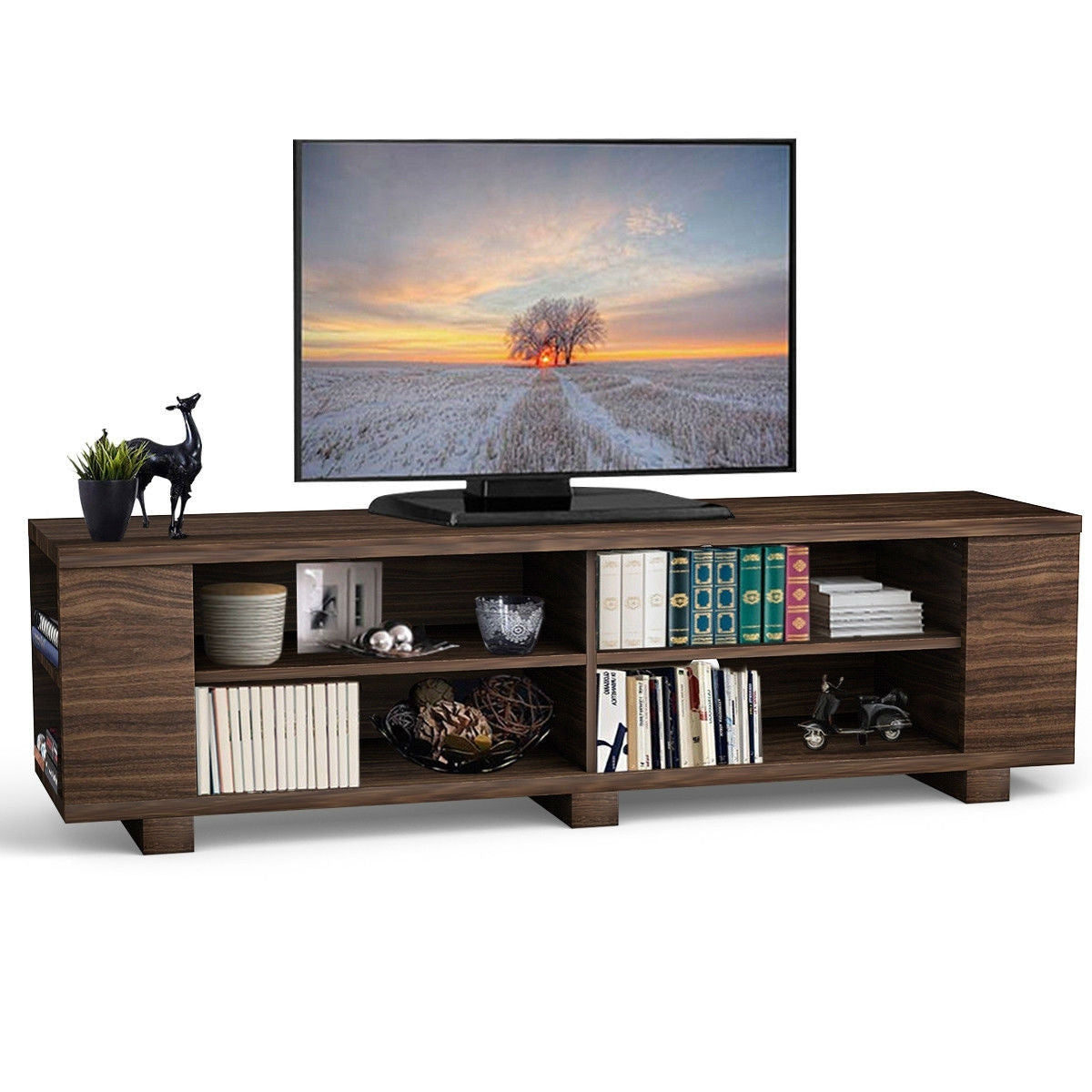 Modern TV Stand in Walnut Wood Finish - Holds up to 60-inch TV with open storage displaying books and decor items.