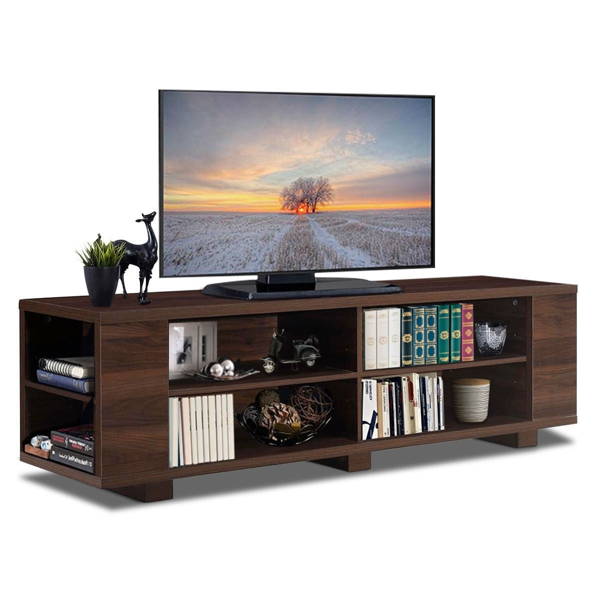 Modern TV Stand in Walnut Wood Finish - Holds up to 60-inch TV with open storage, decor items, and a mounted TV on display.