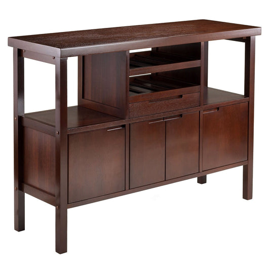 Sideboard Buffet Table Wine Rack in Brown Wood Finish with wine racks, open shelves, drawer, and cabinets for storage.