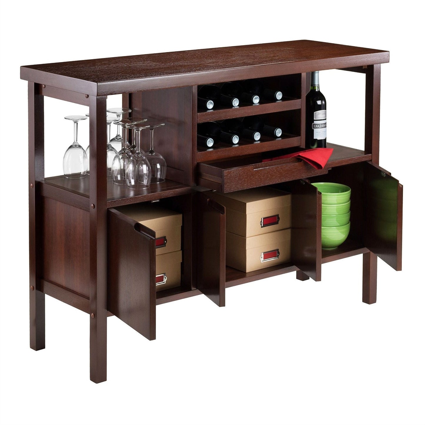 Sideboard Buffet Table Wine Rack in Brown Wood Finish with glasses and wine storage shown