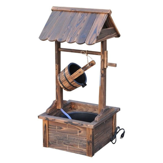 Outdoor Garden Solid Wood Wishing Well Water Fountain with Bucket and Pump in a backyard setting.