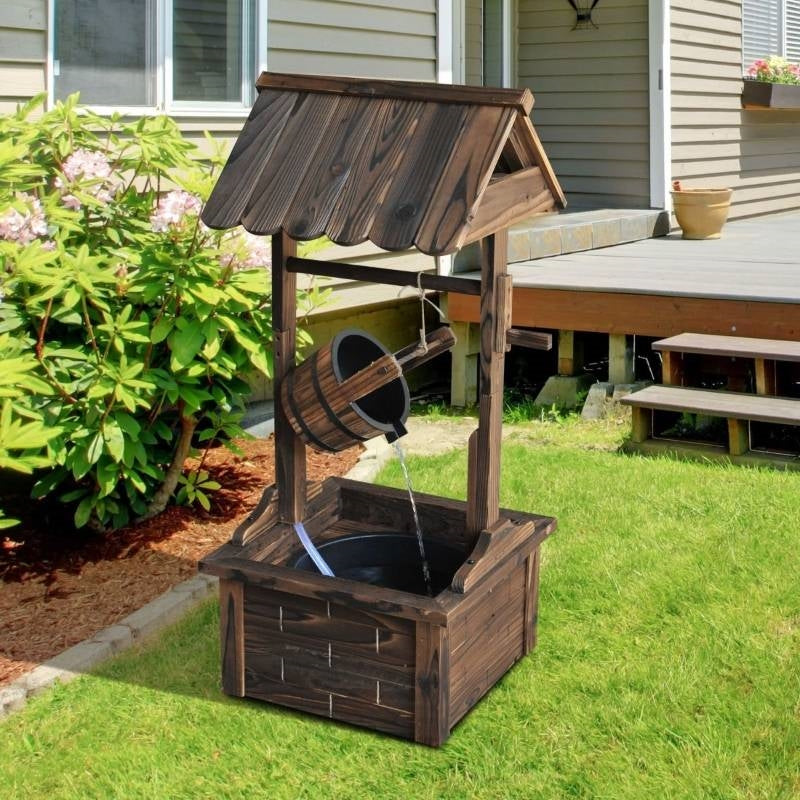 Outdoor Garden Solid Wood Wishing Well Water Fountain with Bucket and Pump on patio