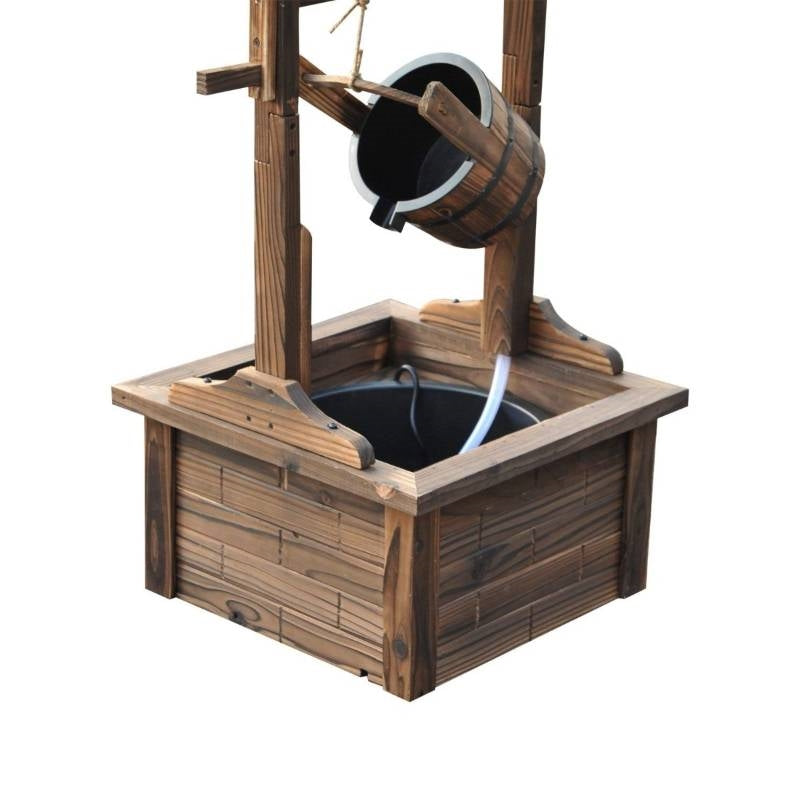 Outdoor Garden Solid Wood Wishing Well Water Fountain with Bucket and Pump, featuring carbonized weathered wood for patios or gardens.