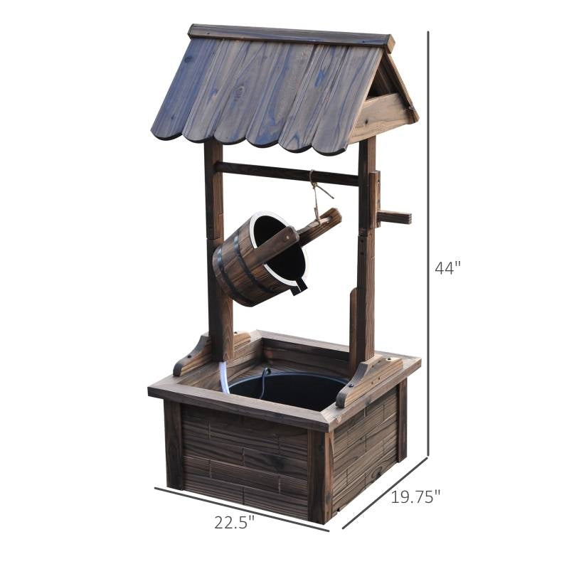 Outdoor Garden Solid Wood Wishing Well Water Fountain with Bucket and Pump displaying carbonized weathered design