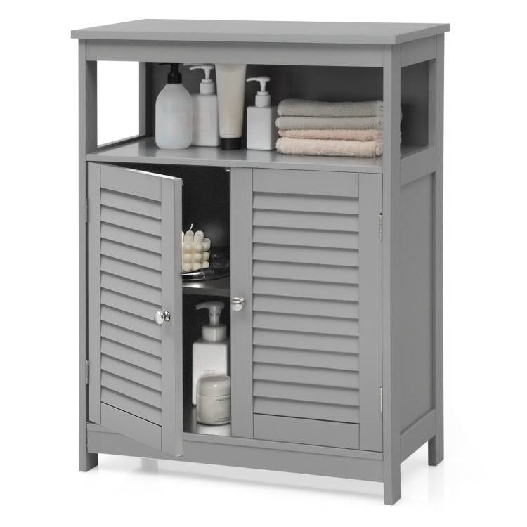 Grey Farmhouse Bathroom Linen Cabinet with Louvered Doors and Open Shelf showcasing storage space and accessories.