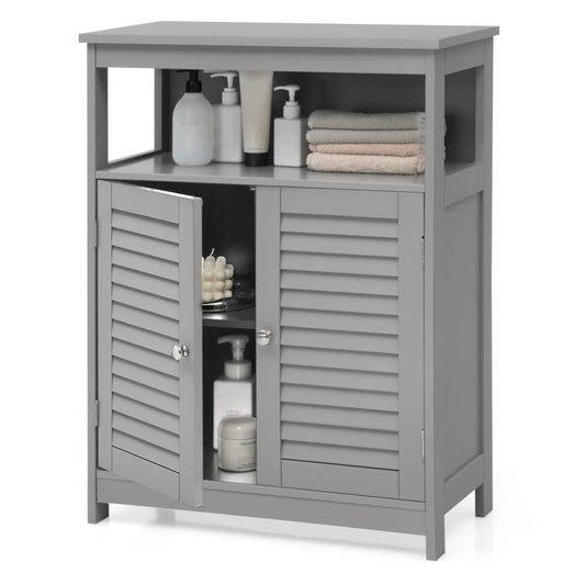 Grey Farmhouse Bathroom Linen Cabinet with Louvered Doors and Open Shelf showcasing storage space and accessories.