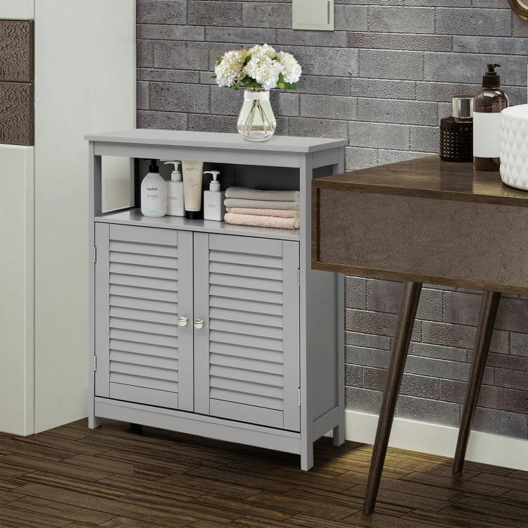 Grey Farmhouse Bathroom Linen Cabinet with Louvered Doors and Open Shelf featuring sturdy MDF and waterproof NC paint.