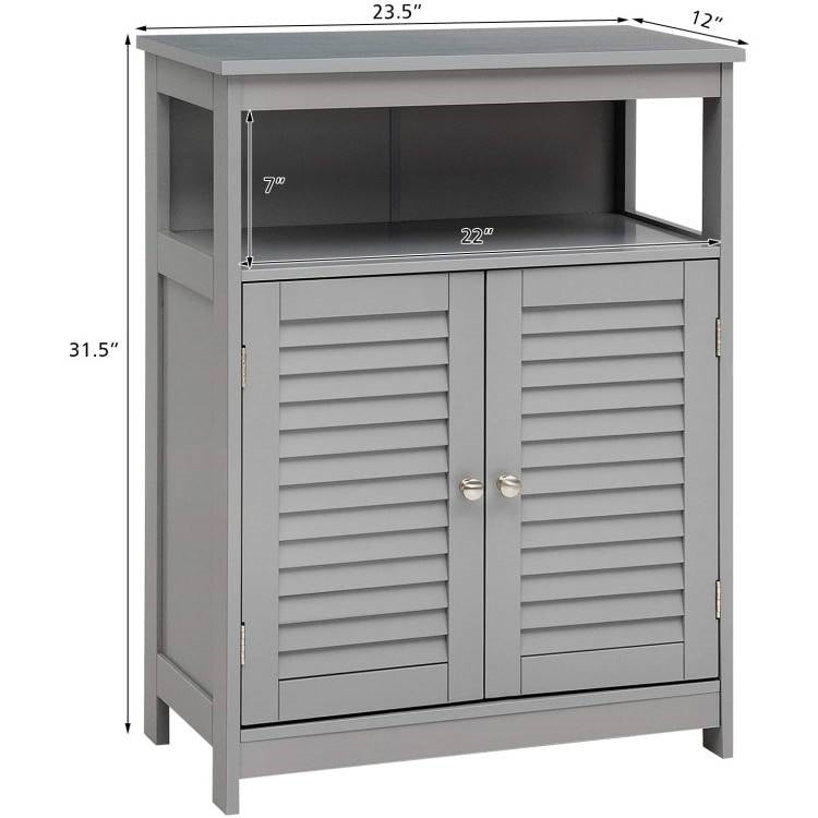 Grey Farmhouse Bathroom Linen Cabinet with Louvered Doors and Open Shelf, sturdy MDF construction with waterproof paint, 31.5" tall